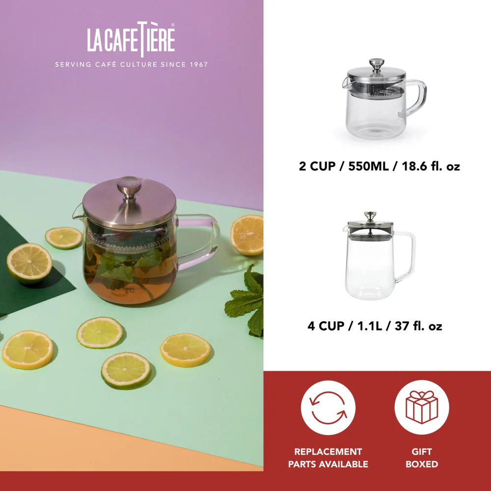 La Cafetiere Loose Leaf Teapot - 2 Cup Capacity, Stainless Steel Infuser, Glass Teapot for Perfect Tea Brewing - Ideal for Home, Office & Tea Parties