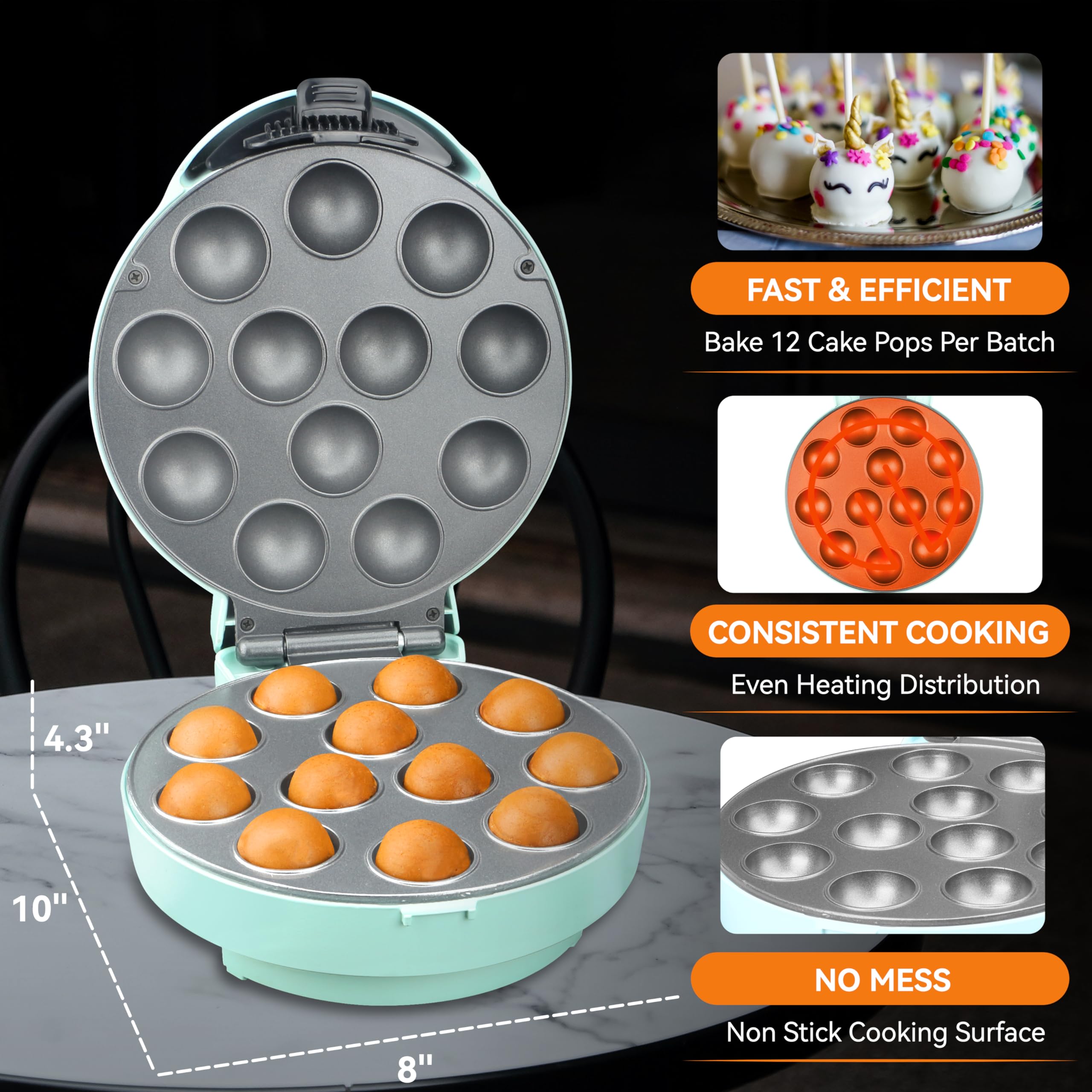 Baker's Friend Cake Pop Maker Machine Set - 12 Cake Pops Capacity with Stand, Sticks & Fork Tool, Aquamarine Blue - Perfect for Birthday Parties, Baby Showers & Holiday Baking Gifts