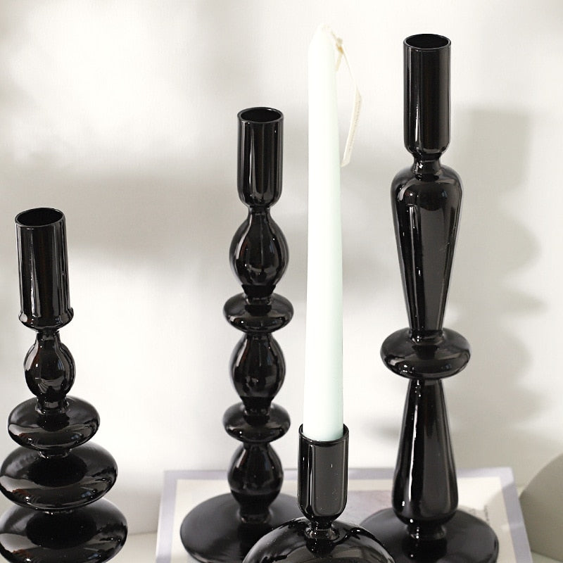 Elegant Black Glass Candle Holders Set - Modern Home Decor for Dining Table, Wedding Centerpieces & Romantic Ambiance Lighting