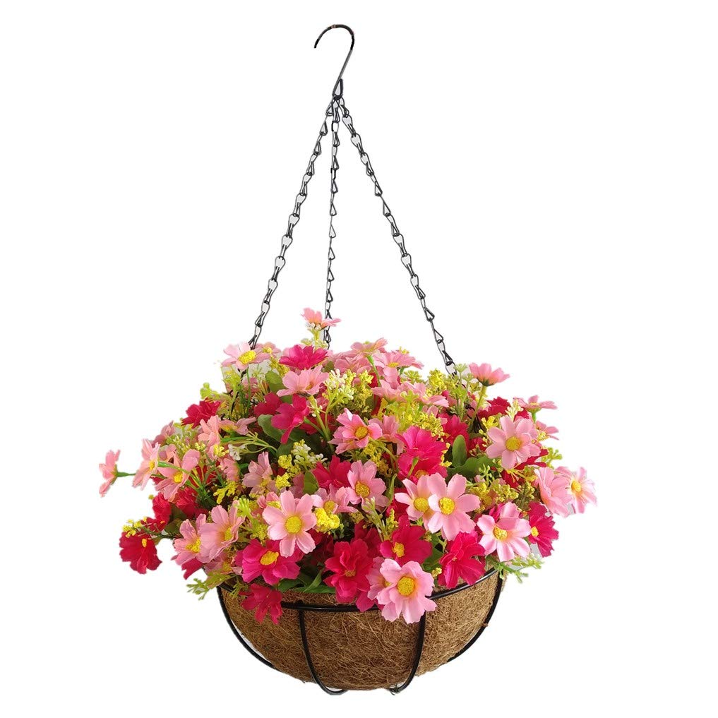 Realistic Artificial Daisy Flowers - Red & Pink Faux Floral Arrangement for Metal Hanging Basket (9.85 Inch) - Perfect for Home Decor, Wedding Centerpieces, and Outdoor Garden Decorations