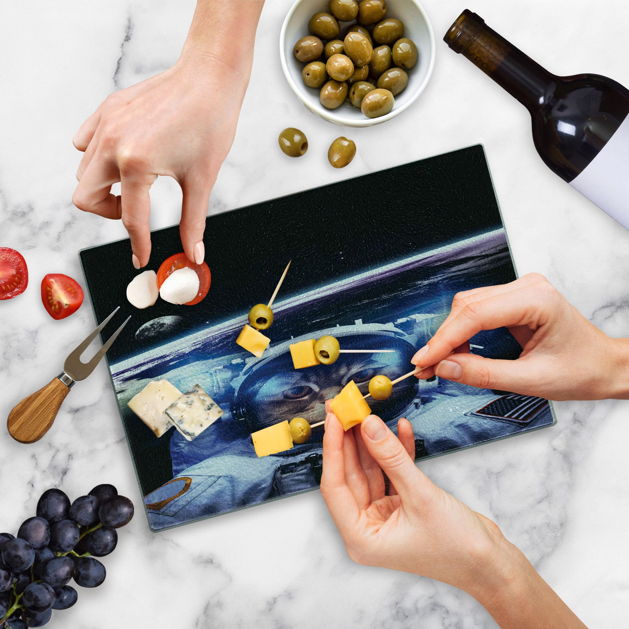 Ambesonne Cat Cutting Board - Funny Astronaut Cat in Space Explorer Design, Tempered Glass Serving Board for Kitchen - Small Size Blue & White - Perfect for Food Prep, Cheese Serving & Home Decor