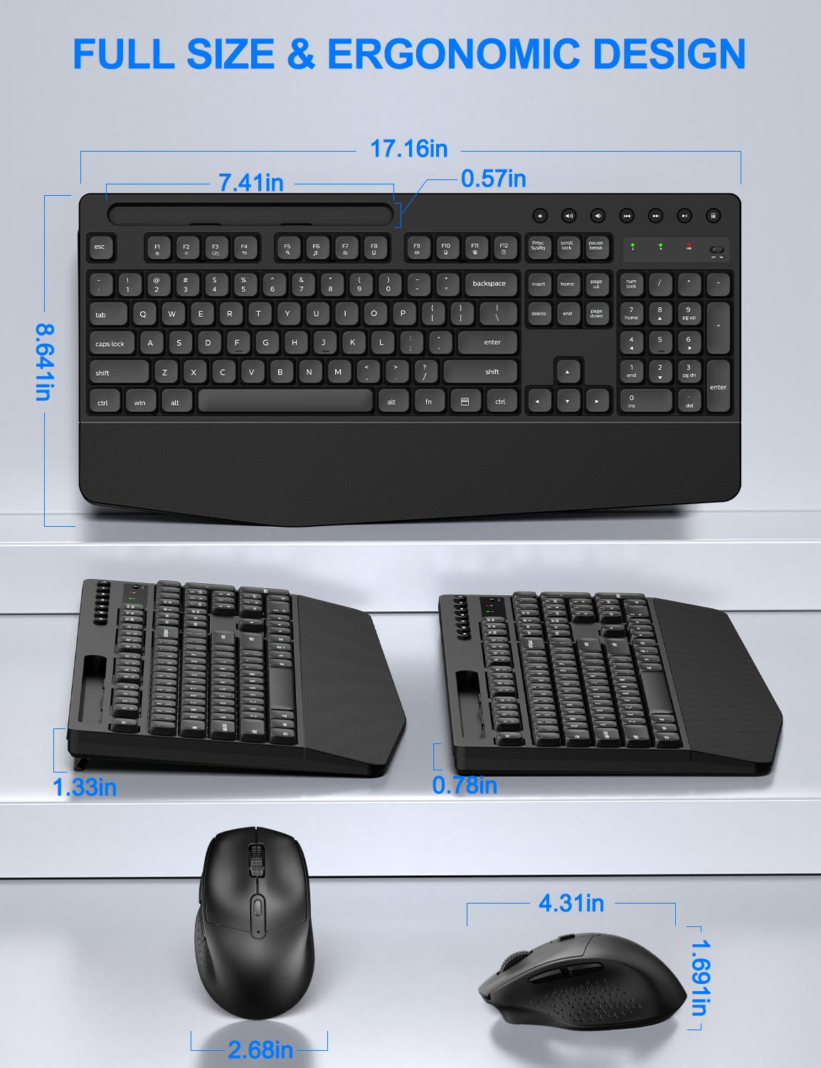 EDJO Wireless Keyboard and Mouse Combo - Full Size Ergonomic Computer Keyboard with Wrist Rest, Phone Holder & Silent 2.4GHz Mouse for PC, Laptop, Windows (Home Office, Gaming, Work from Home Setup)