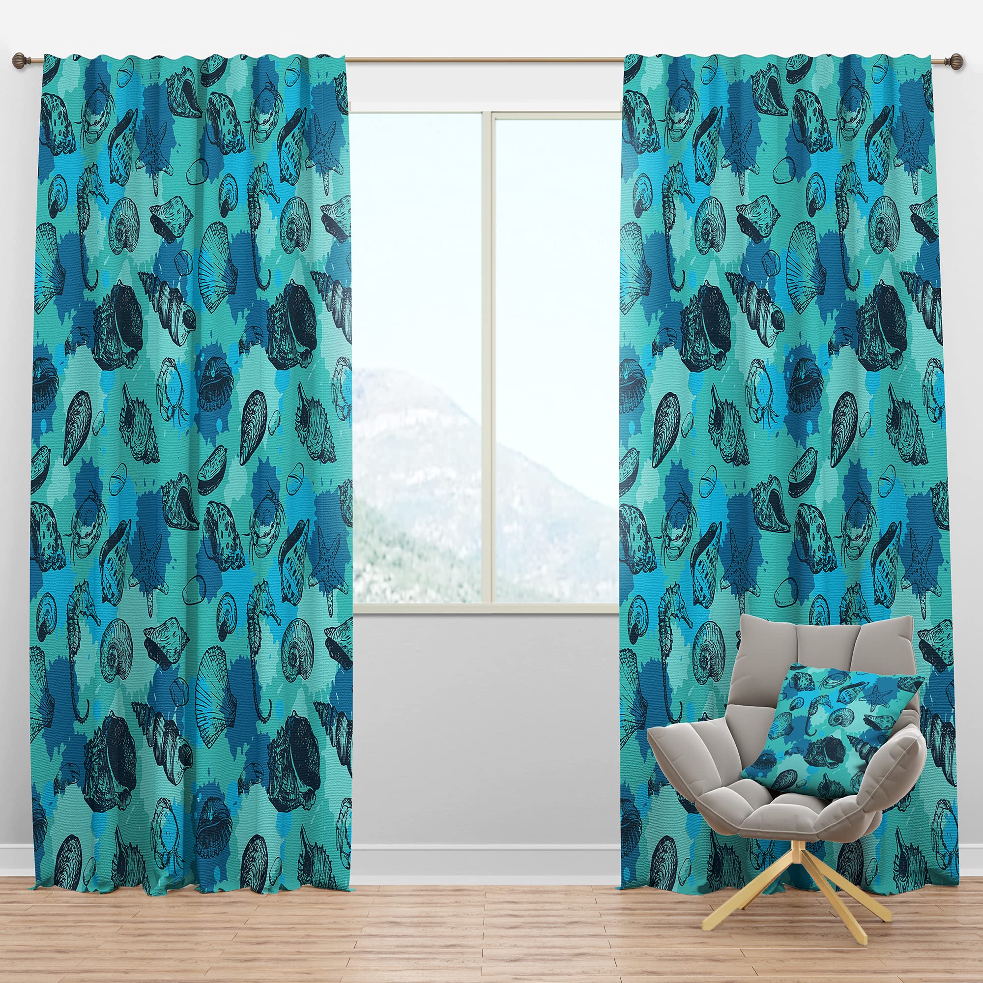 Blackout Curtains with Line Drawing Shells Pattern - Thermal Insulated Bedroom & Living Room Drapes (52x108, Single Panel) for Better Sleep & Energy Efficiency