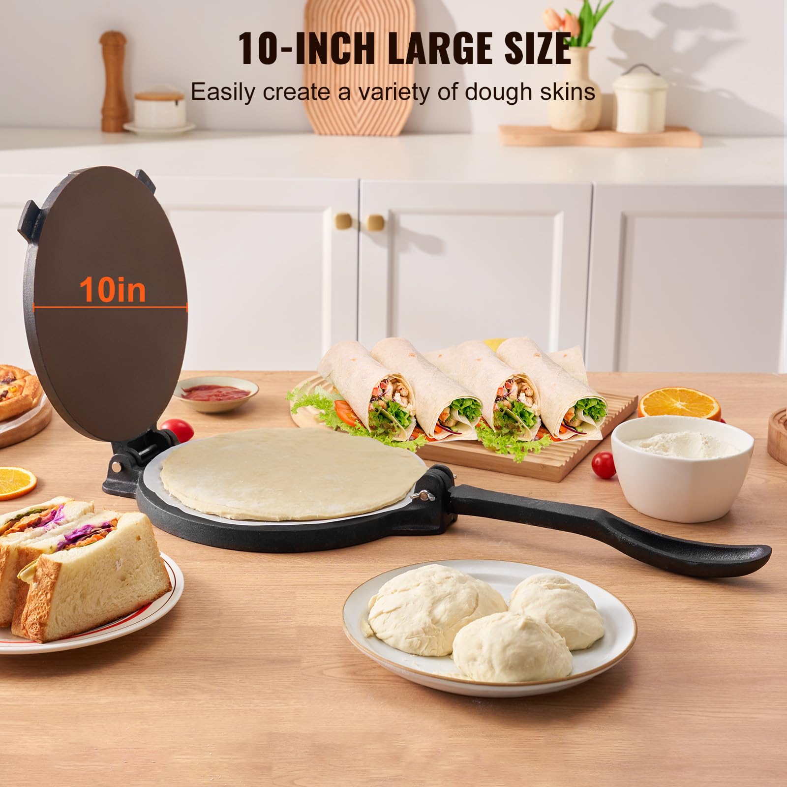 VEVOR 10 Inch Cast Iron Tortilla Press & Roti Maker - Heavy Duty Pre-Seasoned Tortilladora for Flour Tortillas, Tawa, Pataconera - Includes 100 Parchment Papers - Perfect for Mexican Cuisine, Indian Roti, Home Cooking & Restaurant Use