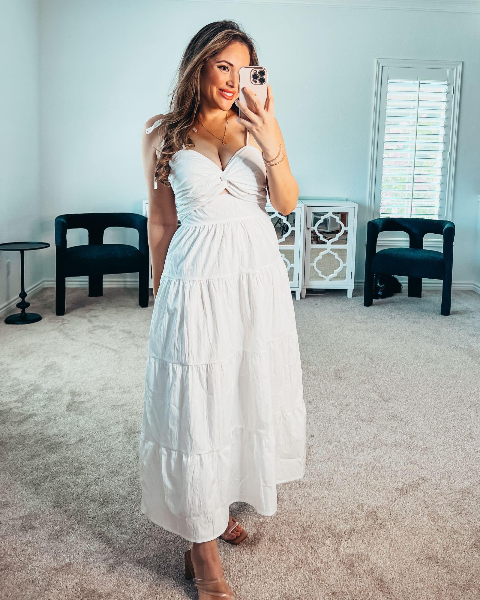 Luvamia Women's Long Flowy Tiered Cut-Out Midi Dress with Self-Tied Spaghetti Straps - Perfect for Summer Vacations, Beach Getaways, and Dinner Dates