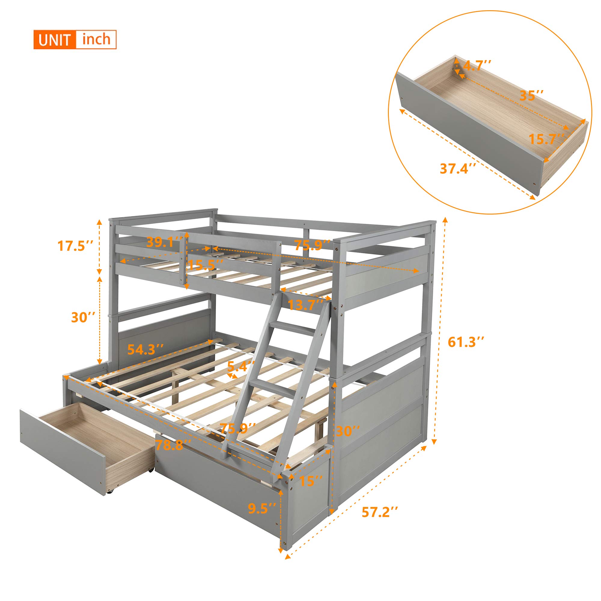 SOFTSEA Twin Over Full Bunk Bed with Storage Drawers - Sturdy Wooden Bunk Bed Frame with Safety Ladder & Guardrails for Kids & Teens - Converts to 2 Separate Beds (Grey) - Perfect for Small Bedrooms, Guest Rooms & Kids' Shared Spaces - No Box Spring Required