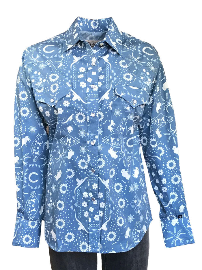 Rockmount 7733 Women's Western Shirt - Bison Bandana Print in Blue | Stylish Cowgirl Top for Rodeo, Country Music Festivals & Western Fashion