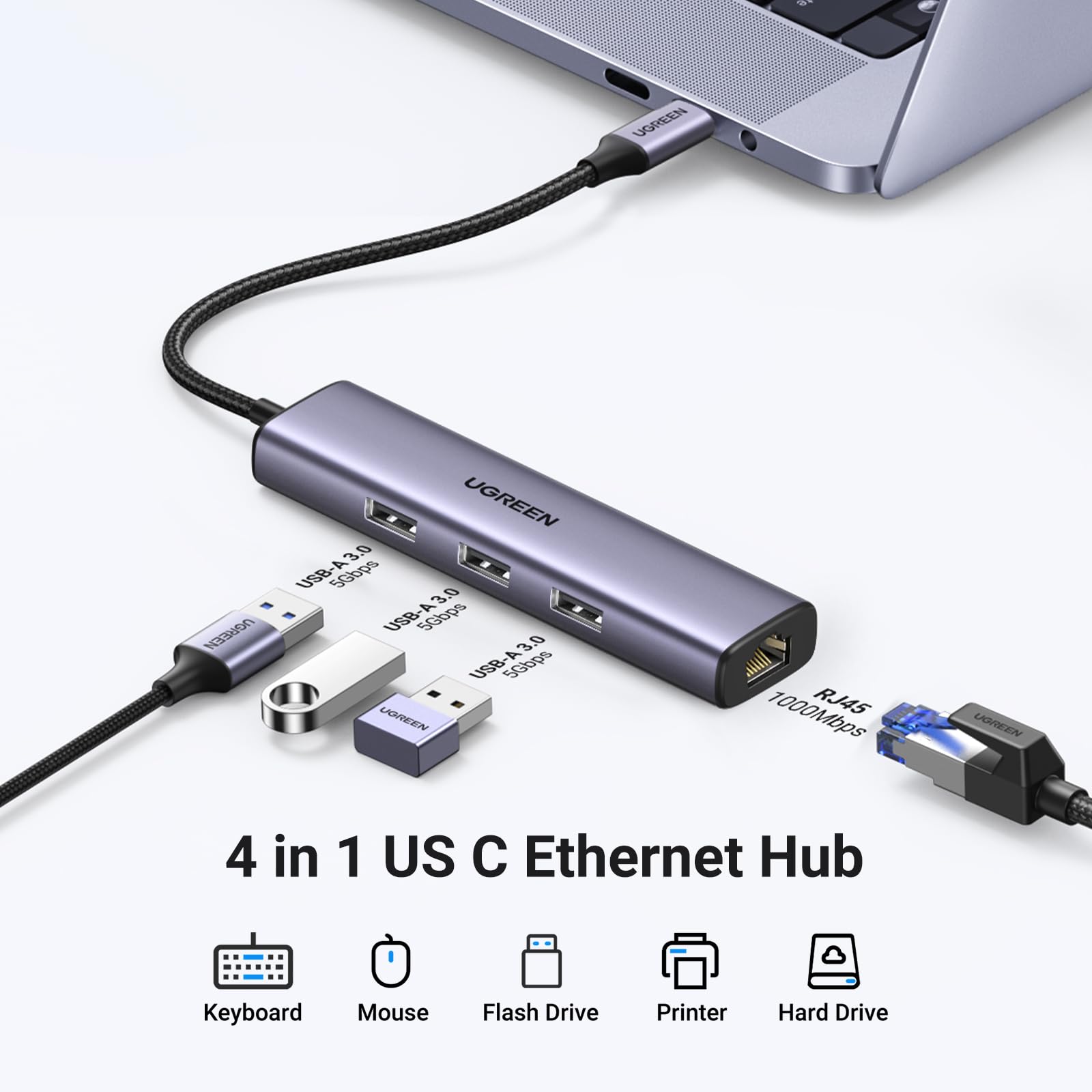 UGREEN USB C Hub with Ethernet - 4-in-1 USB C to Gigabit Ethernet Adapter with RJ45 LAN Port & 3 USB 3.0 Ports (5Gbps) - Compatible with MacBook Pro, iPhone 15 Pro, Steam Deck, Nintendo Switch, External Hard Drives & More - Perfect for Home Office, Gaming & Travel Connectivity