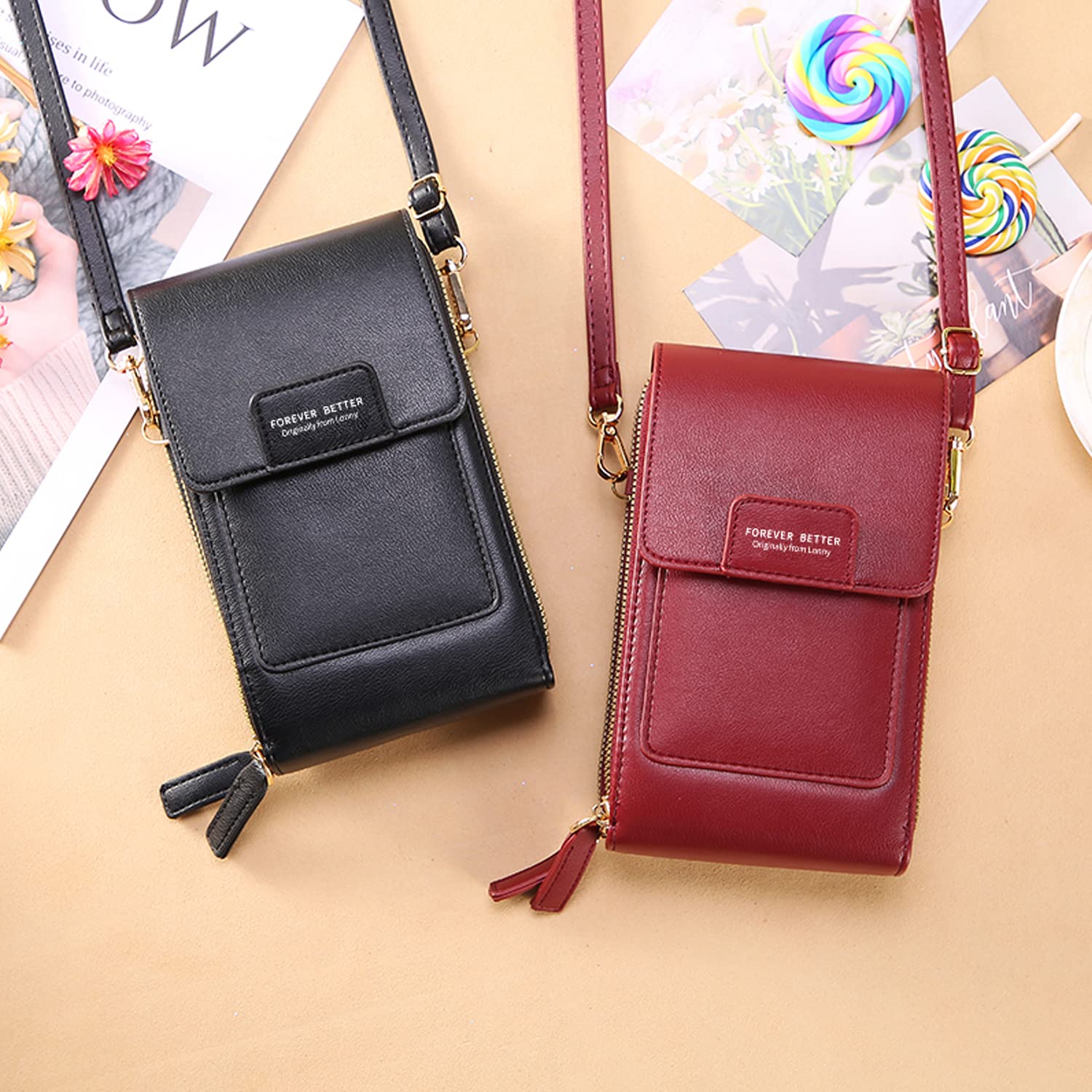 HUASUN Women's PU Leather Wallet with Touch Screen Window & Adjustable Shoulder Strap - Crossbody Phone Pouch for iPhone, Cards & Cash - Perfect for Shopping, Travel & Daily Use