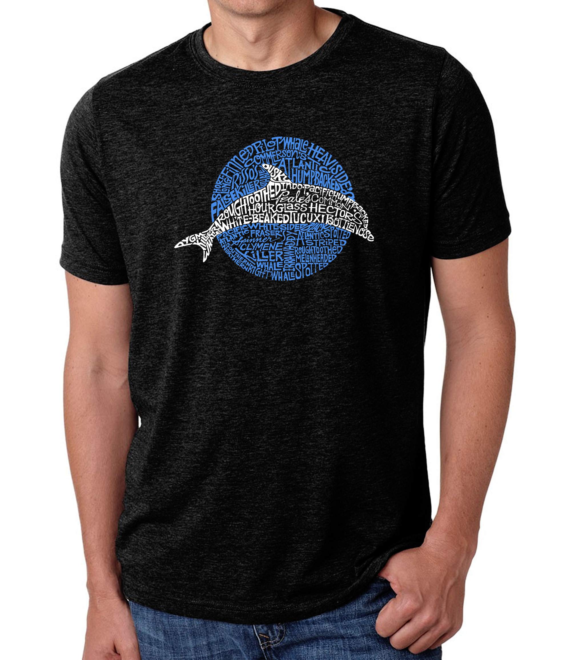 LA POP ART Men's Premium Blend Word Art T-Shirt - Dolphin Species Design | Casual Wear, Beach Outfit & Gift Idea