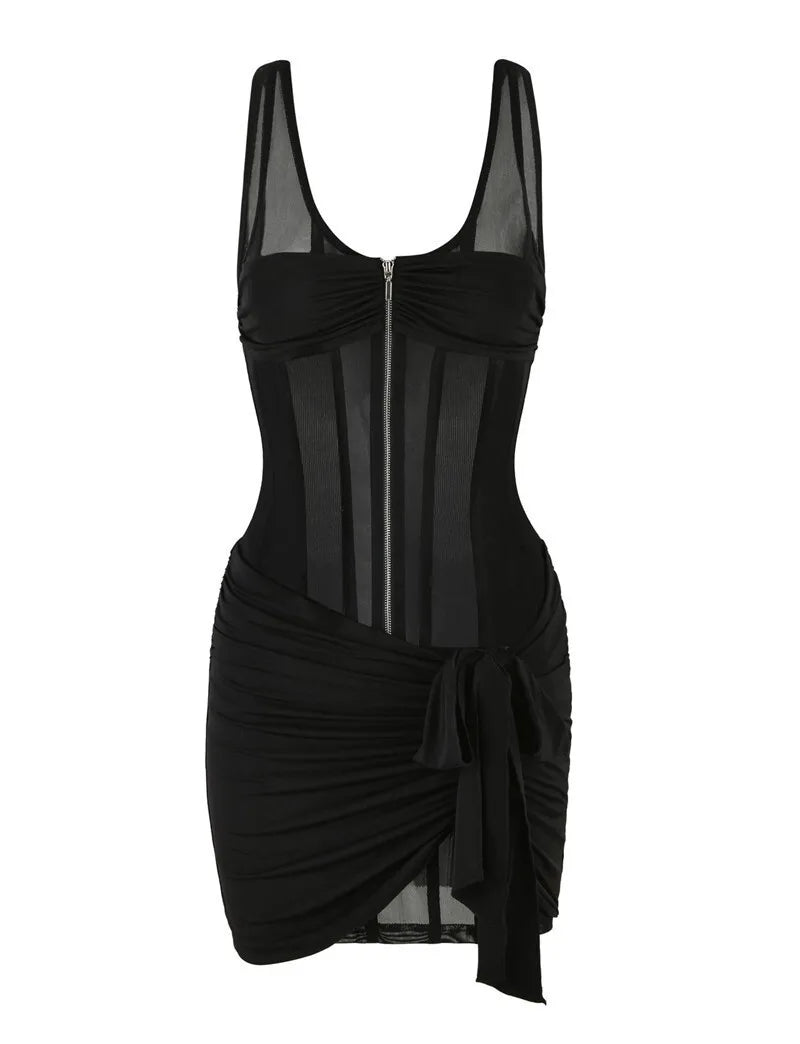 Sexy Black See-Through Mesh Ruched Mini Dress for Women - Sleeveless Bodycon Club Dress with Zipper Detail | Perfect for Night Out, Party & Summer Events