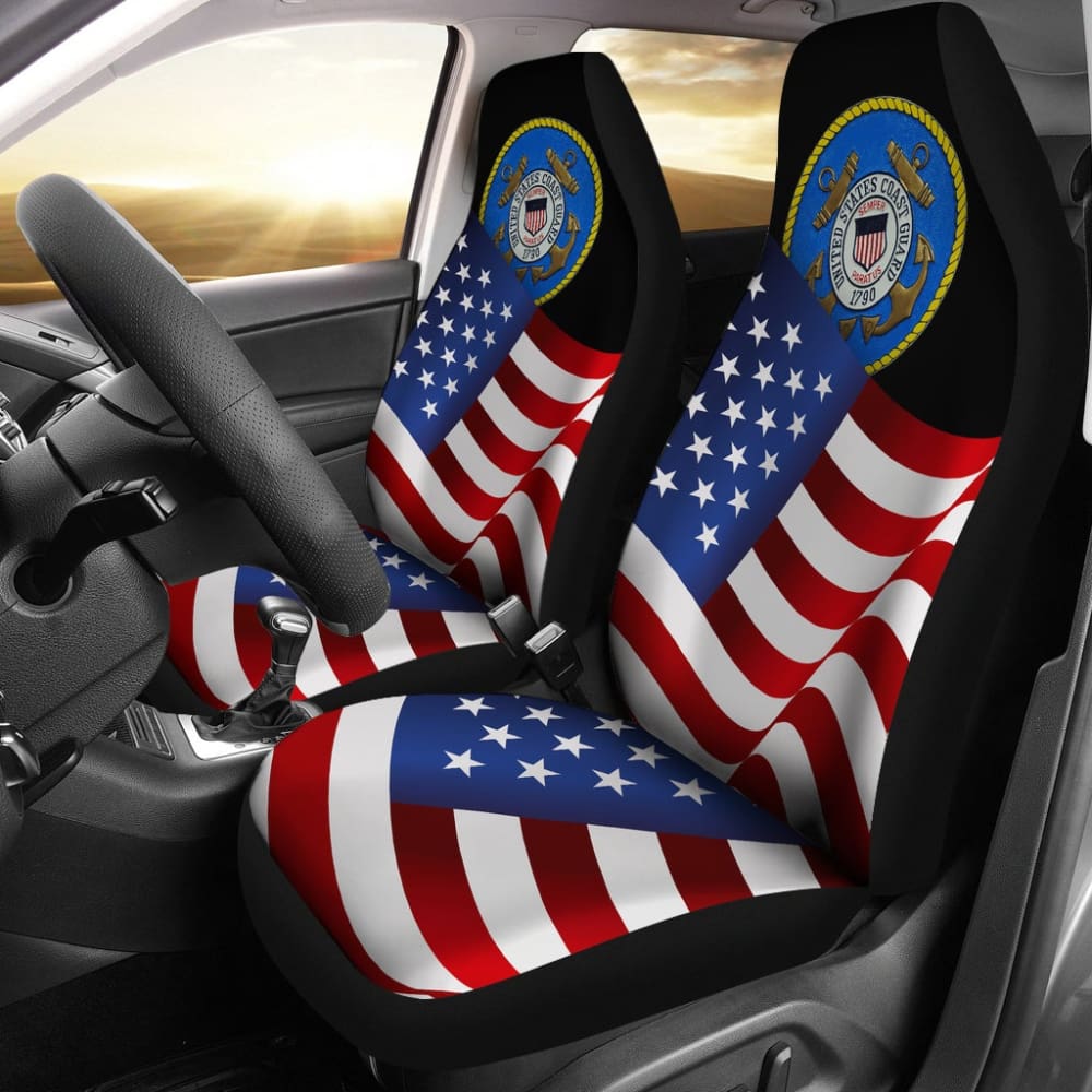Premium American Flag Waving US Coast Guard Car Seat Covers - Patriotic Auto Accessories for Trucks, SUVs & Sedans | Perfect for Veterans Day, 4th of July & Patriotic Events