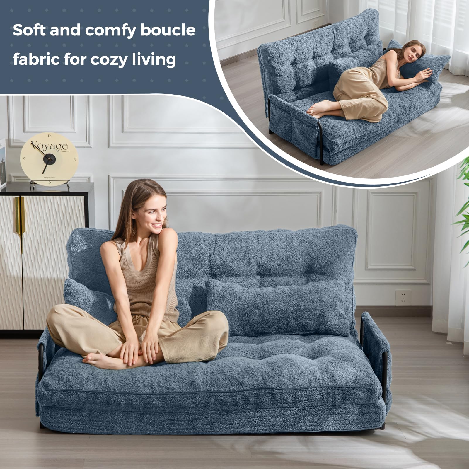 MAXYOYO Adjustable Floor Sofa Couch - Convertible Lazy Sofa Bed with 2 Pillows & Armrests | Boucle Fabric in Dusty Blue | Perfect for Small Spaces, Living Rooms & Guest Beds