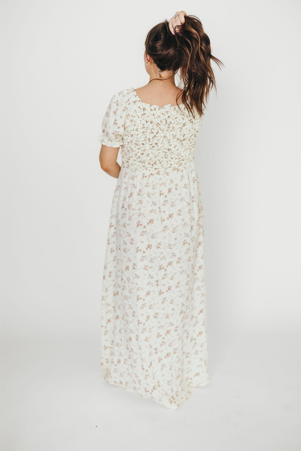 Emilia 100% Cotton Smocked Maxi Dress - Ivory/Mauve Floral Print, Bump Friendly Maternity Dress for Women | Perfect for Beach Vacations, Summer Weddings & Casual Outings
