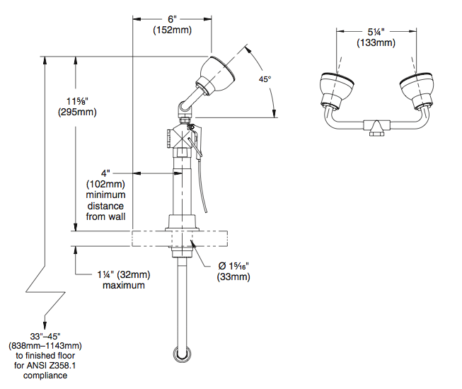 Bradley S19 465EFW Deck Mount Drench Hose with Angled Eye Face Wash - Emergency Safety Shower for Laboratories & Industrial Facilities