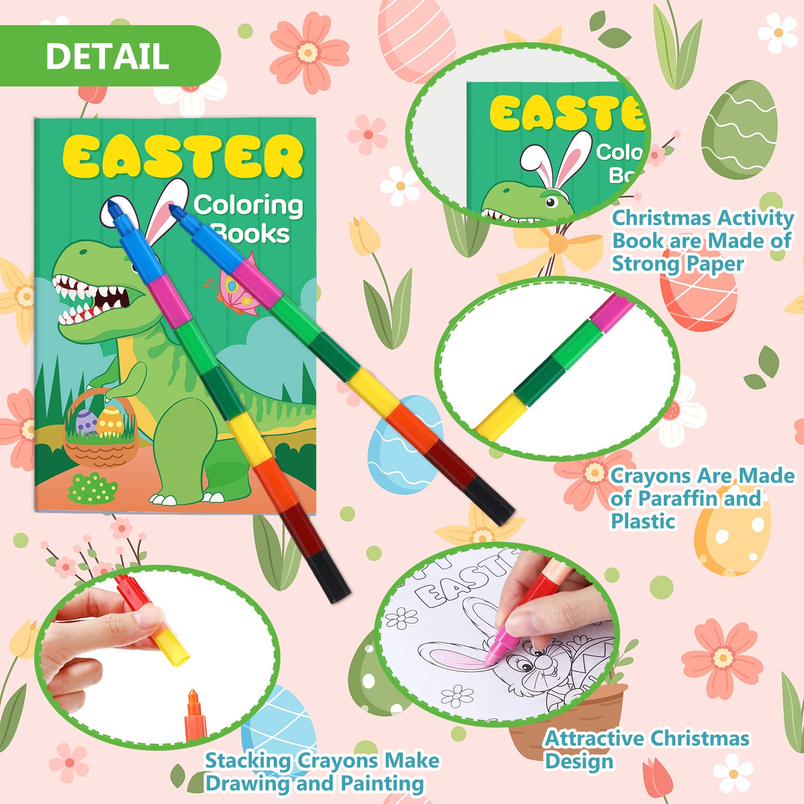 24-Pack Easter Coloring Books with 24 Stacking Crayons - Kids Easter Party Favors, Holiday Activity Books & Classroom Supplies - Perfect for Easter Egg Basket Stuffers, School Activities & Rainbow Art Projects