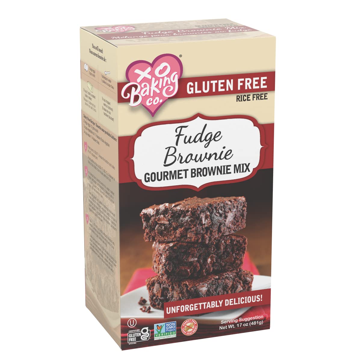 XO Baking Co. Gluten Free Fudge Brownie Mix - Non-GMO, Kosher, Dairy Free, Peanut Free, No Artificial Flavors (17oz) - Perfect for Allergy-Friendly Baking, Birthday Parties & Holiday Treats