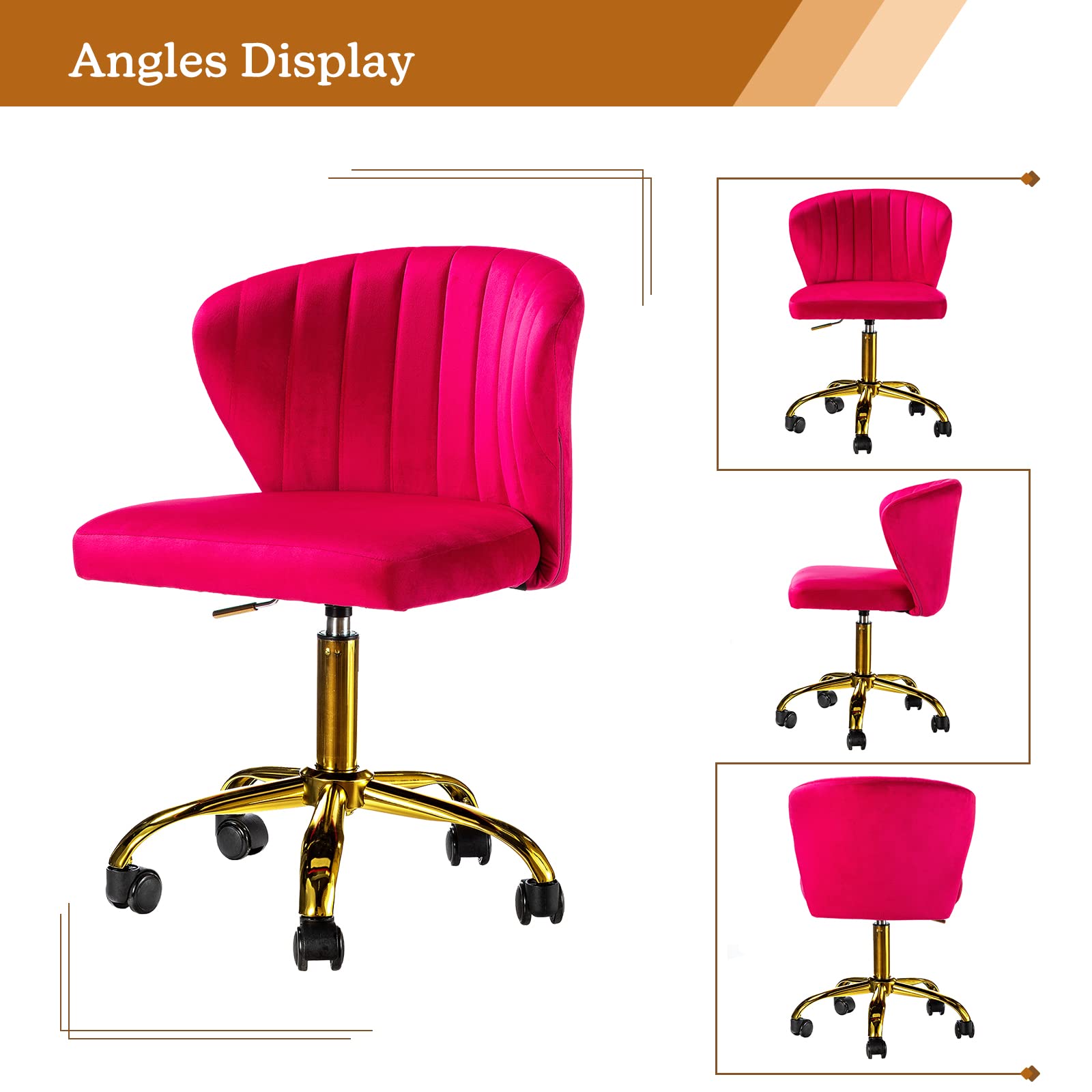 Modern Velvet Swivel Office Chair with Wheels & Gold Base - Adjustable Low Back Armless Task Chair for Home Office, Study, Living Room & Vanity - Comfortable Upholstered Rolling Chair in Fuchsia Pink (Perfect for Small Spaces & Cozy Workspaces)
