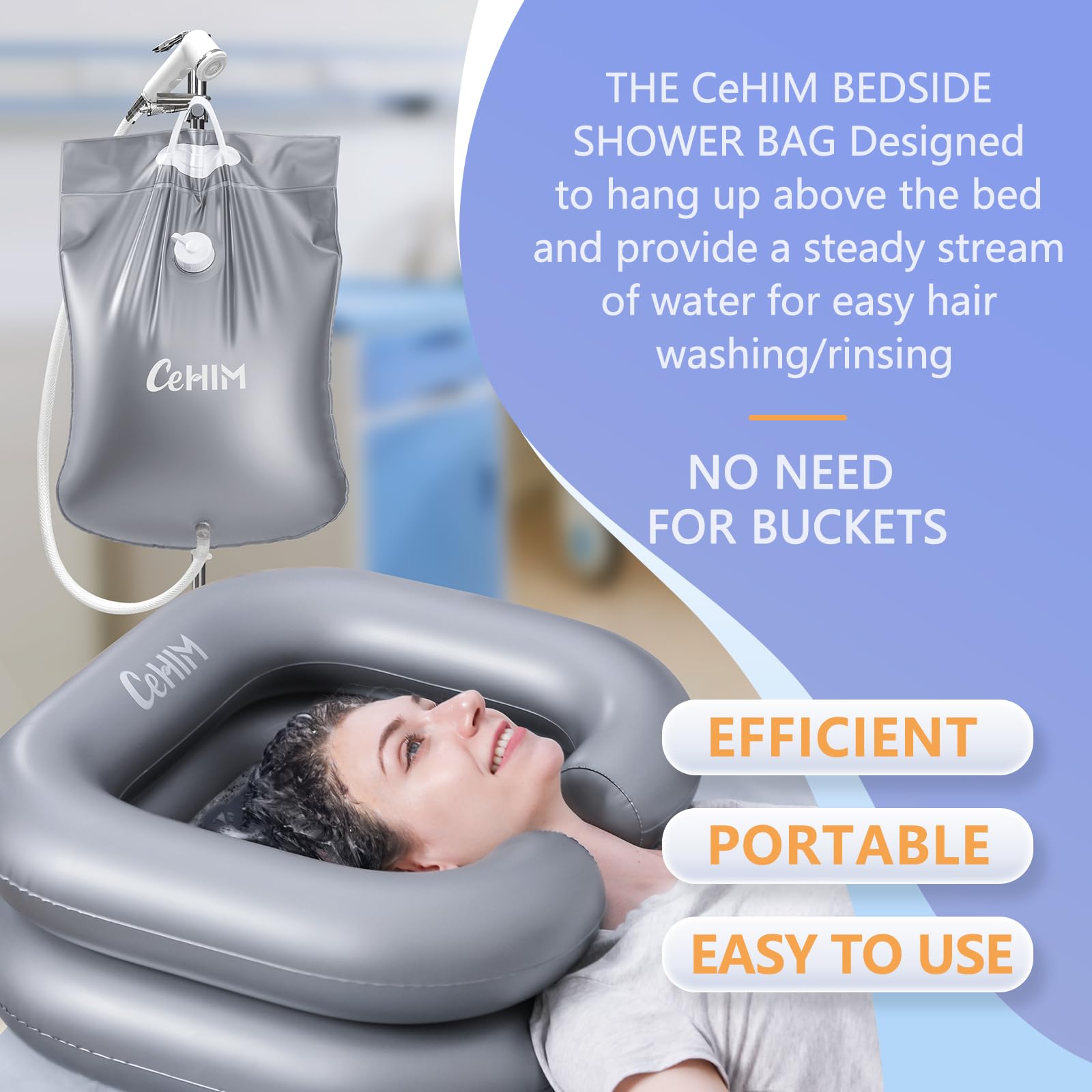 Portable 2.9 Gallon Bedside Shower Water Bag for Hair Washing - Silver | Elderly Care, Inflatable Shampoo Basin & Bathtub Accessory | Ideal for Home Nursing, Hospital Use, and Bedridden Patients