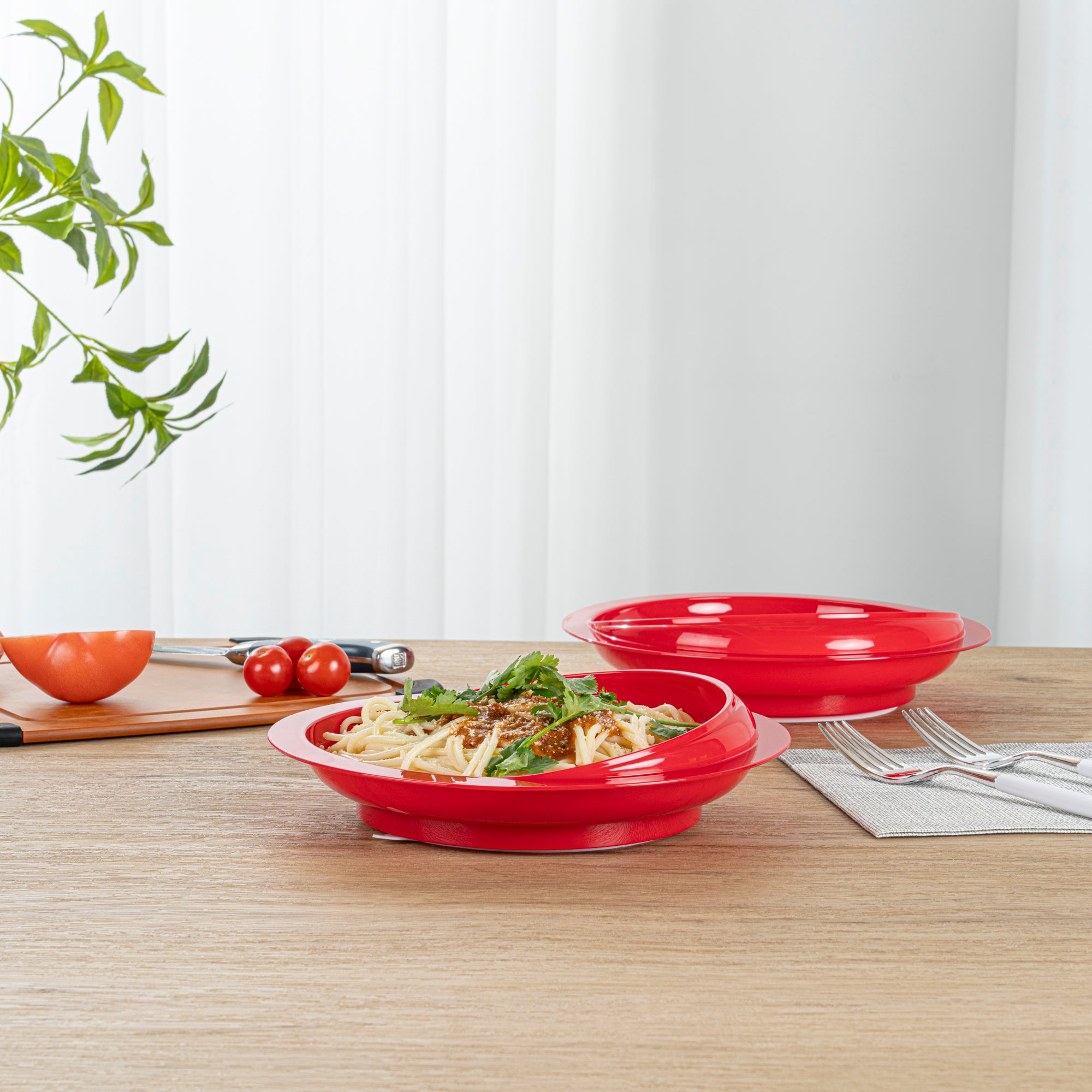 Adapt Tek Round Red Plastic Scoop Plate - Spillproof with Suction Base, 9 x 9 x 2.25 Inches, 1 Count - Perfect for Baby Feeding, Toddler Mealtime & Special Needs Dining