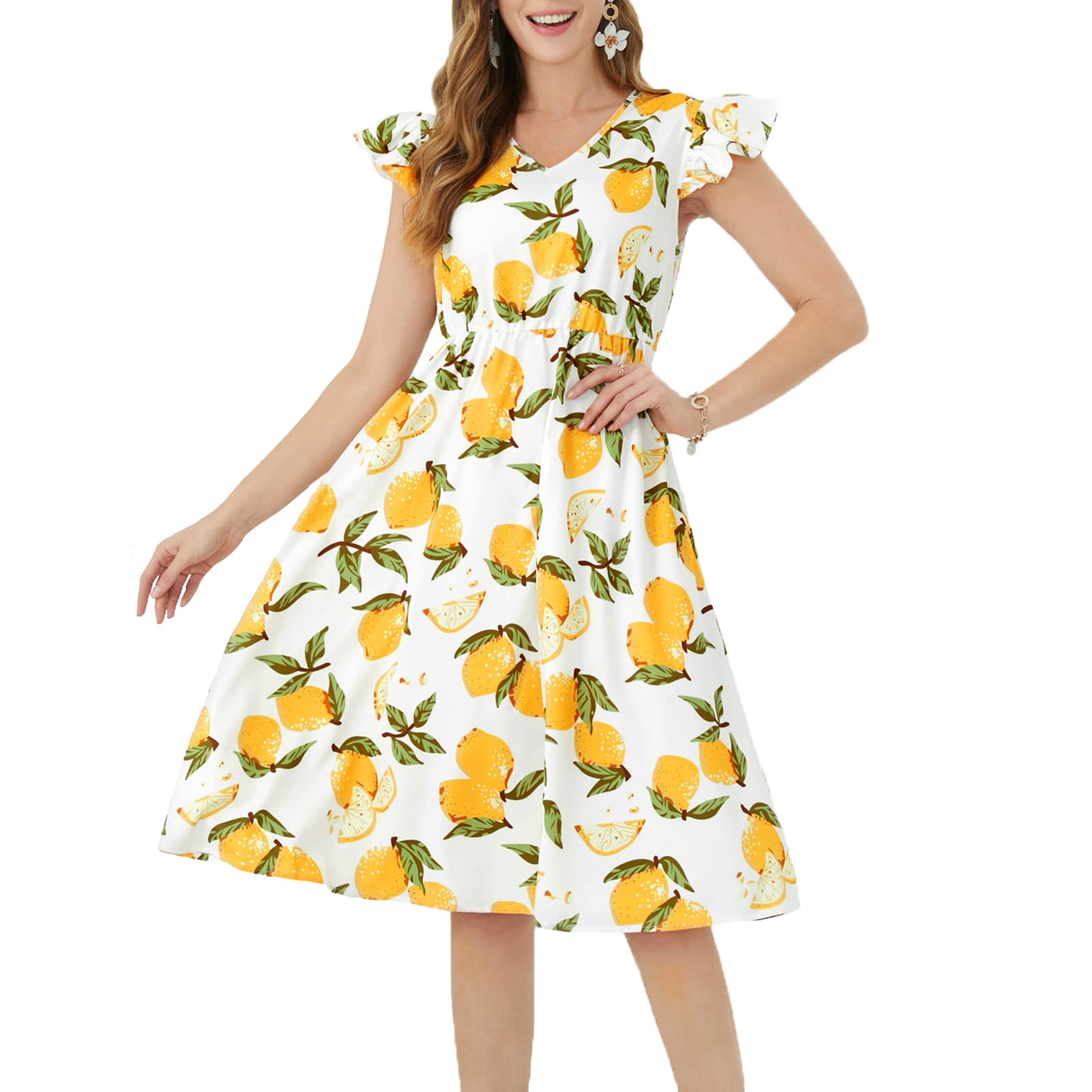 IFFEI Women's Summer Dress - Ruffle Sleeveless V-Neck Yellow Lemon Print Casual Long Midi Dress for Beach, Vacation & Outdoor Activities