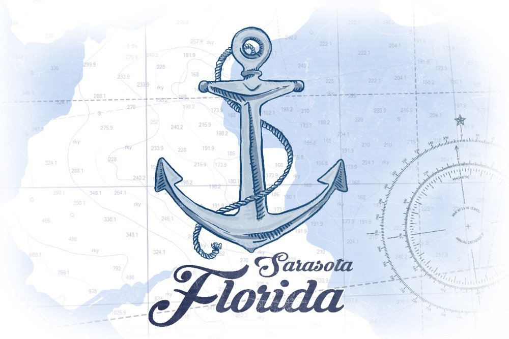 Blue Coastal Anchor Wall Art Poster - Sarasota Florida Inspired 12x18 Room Decor for Beach House, Nautical & Coastal Themed Living Spaces