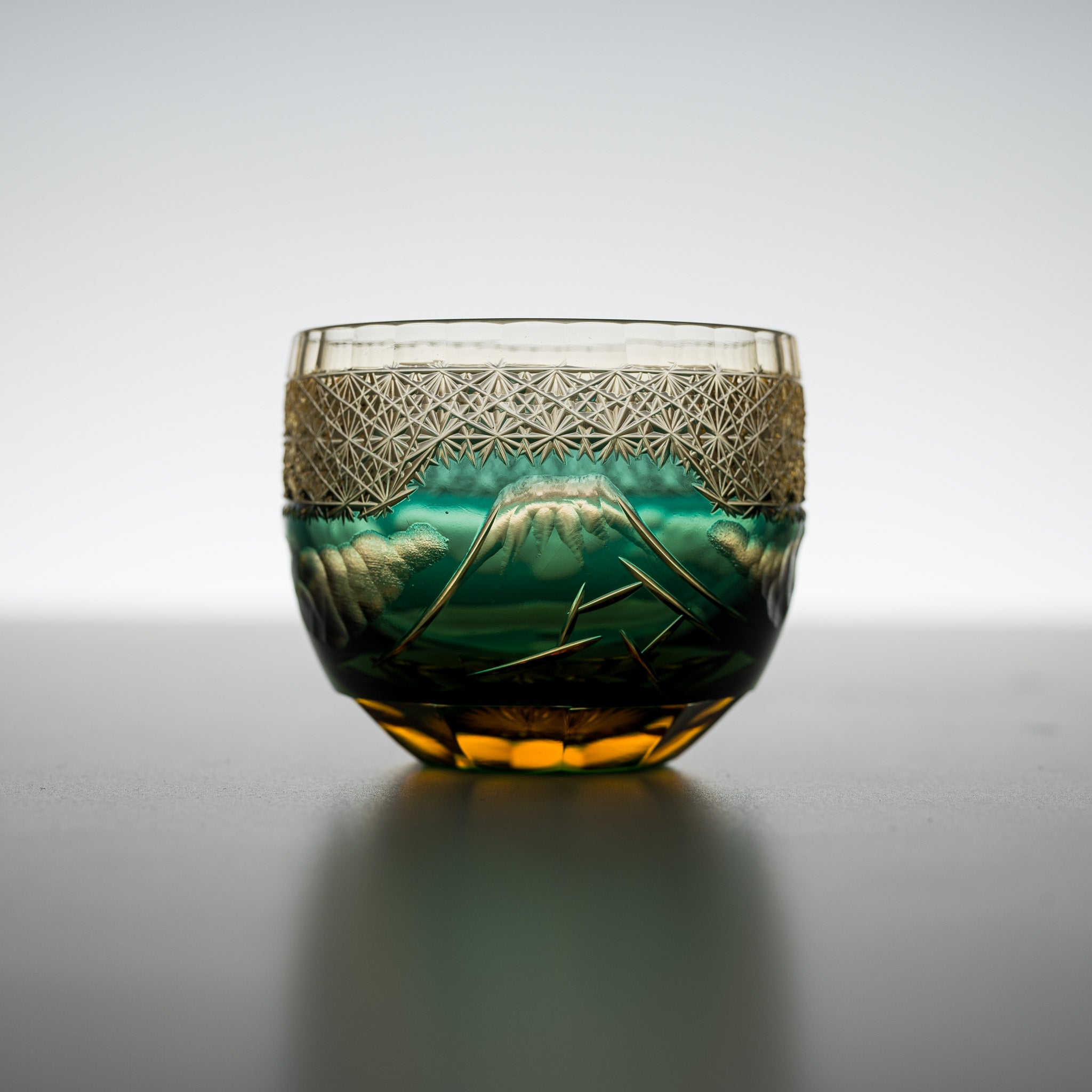 Premium Yamada Crystal Glass Sake Cups with Mt. Fuji Design - Amber Green Color - Elegant Japanese Drinking Cups for Sake, Whiskey & Cocktails - Perfect for Home Bars, Gifts & Japanese Cultural Events