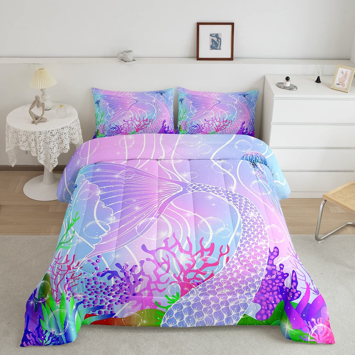 Mermaid Comforter Set - Ocean Sea Marine Themed Full Size Duvet with Purple Mermaid Scales | Soft Foam Bedding for Kids, Teens & Adults | Perfect for Underwater Themed Bedroom Decor & Nautical Nursery Design