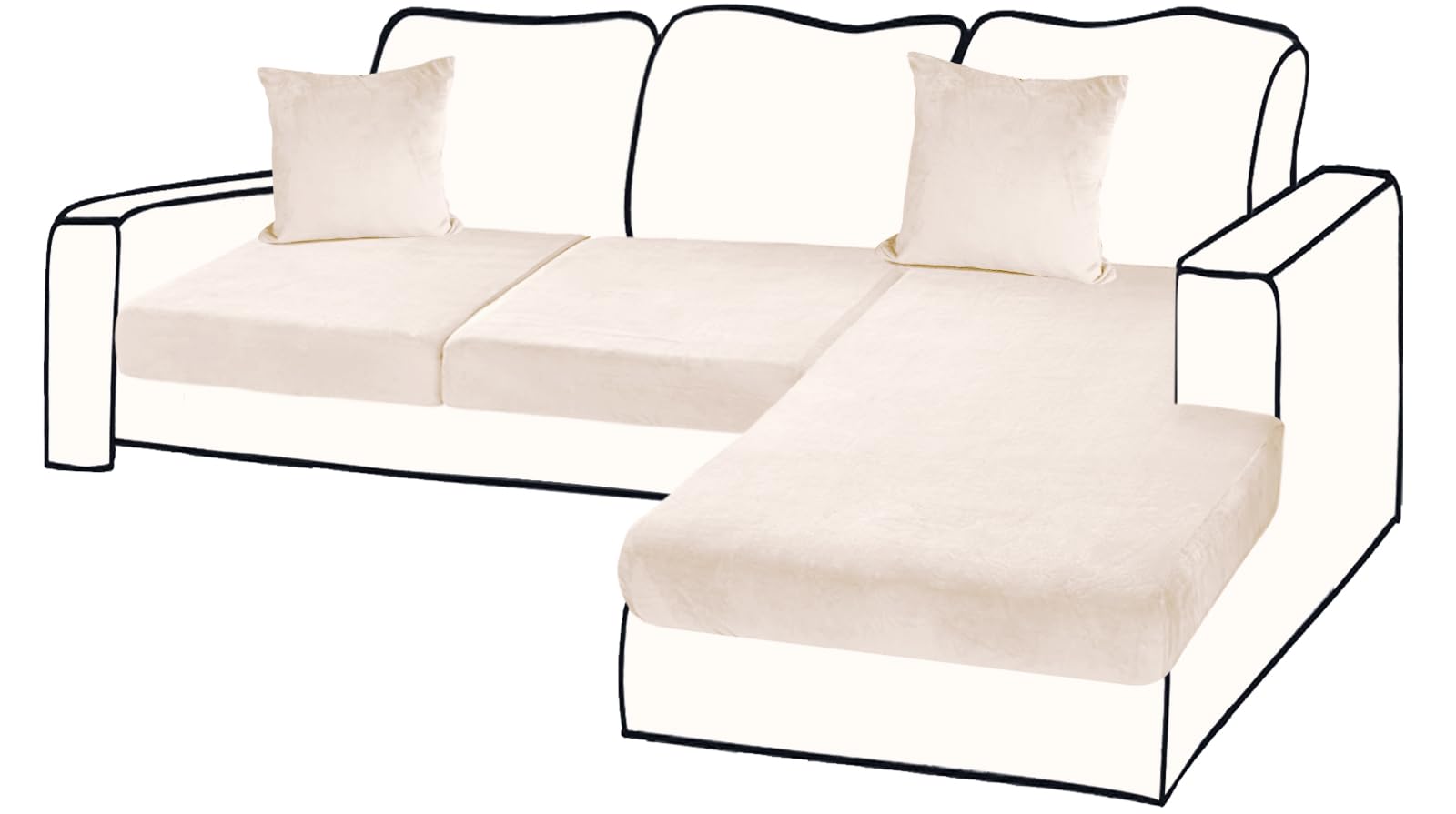 Velvet Stretch Sofa Slipcover for 3-Piece L-Shaped Sectional Couch - Includes 2 Pillowcases & Furniture Protector (Fits 2-Seater + Chaise, Beige) | Perfect for Living Room, Family Room & Home Theater Comfort