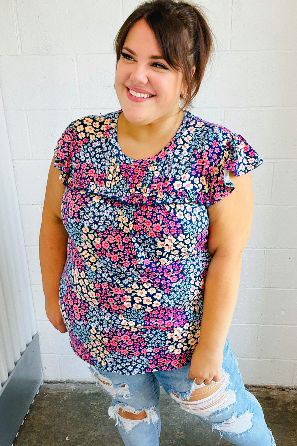 Navy Blue Floral Print Short Sleeve Blouse with Frilled Yoke - Women's Casual Summer Tops for Beach, Vacation & Date Night Outfits