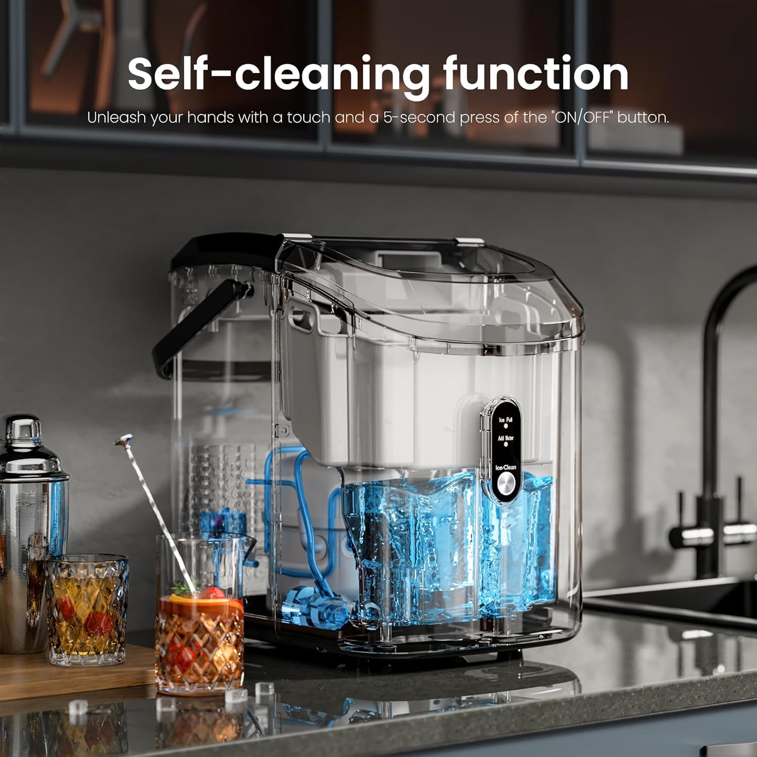 Kismile Countertop Nugget Ice Maker - Portable Sonic Ice Machine with Self-Cleaning & One-Touch Operation for Home, Office, Bar, or Party (Stainless Steel Black) - Perfect for Cocktails, Sodas, and Beverages
