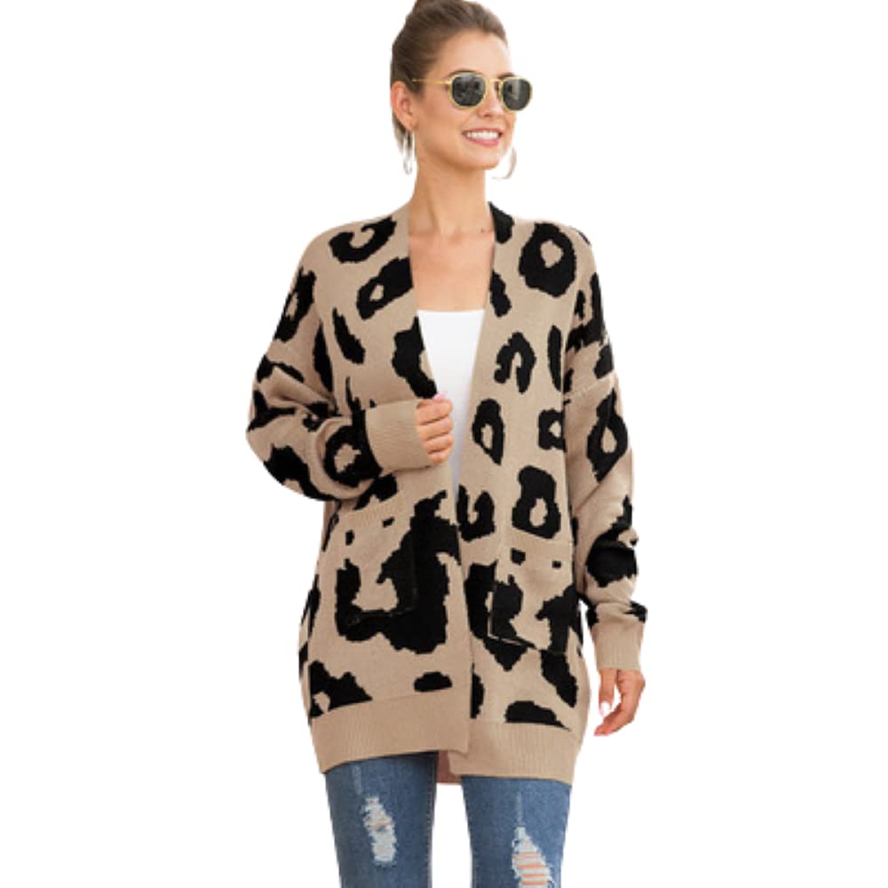 Zeusy Women's Leopard Print Open Front Cardigan Sweater - Long Sleeve Knit Cardigan with Pockets for Casual Outfits & Fall Layering | Perfect for Office, Date Night and Weekend Wear