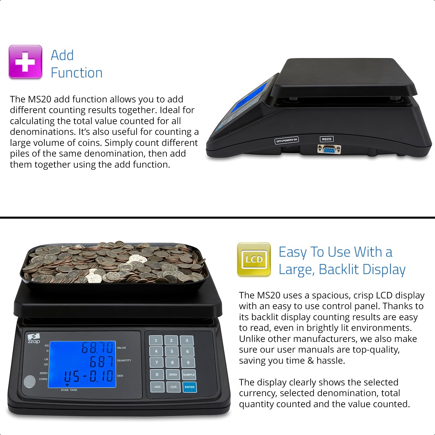 ZZap MS20 Digital Coin Counting Scale - Accurate Money Cash Currency Weighing Machine for Banks, Retail Stores & Home Use