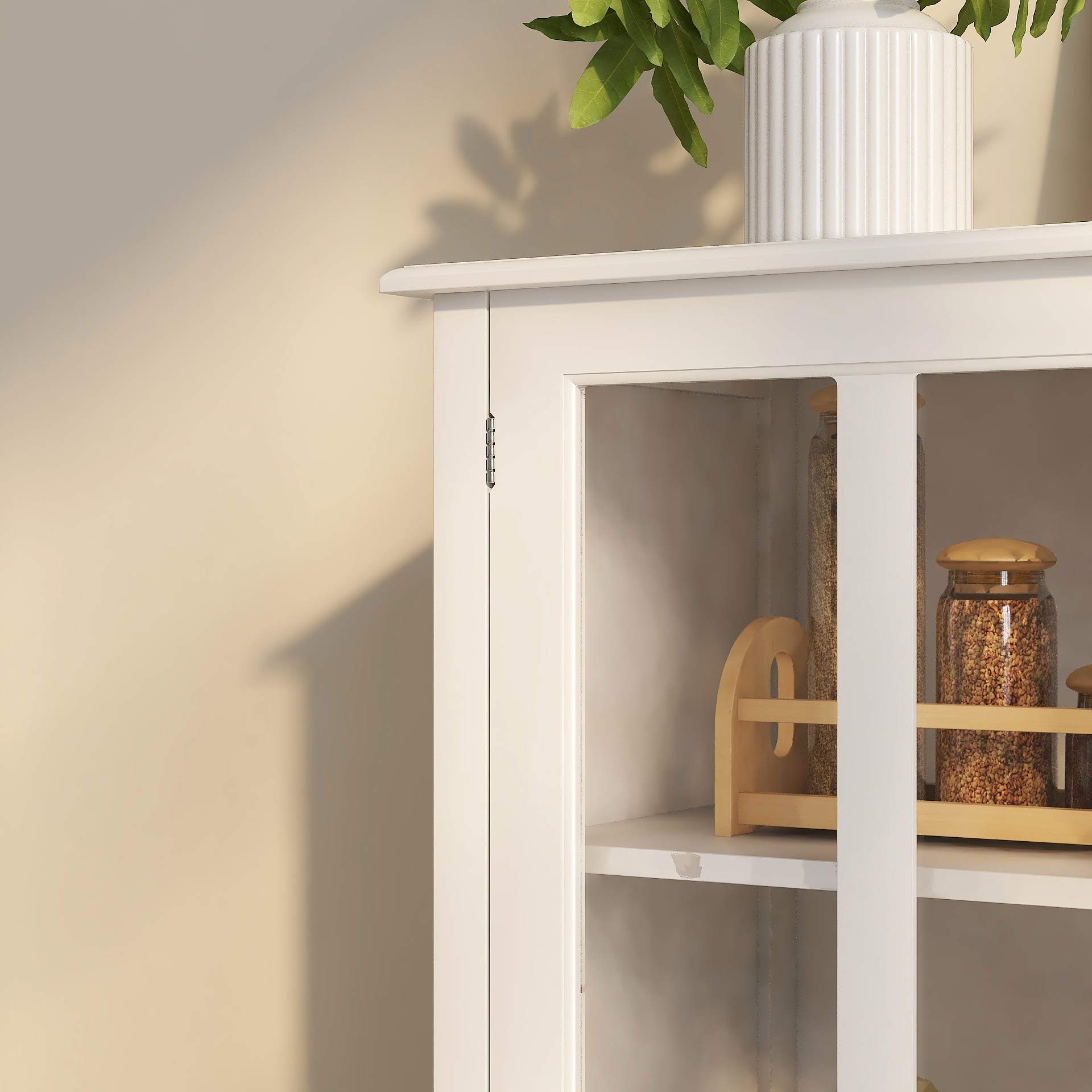 LERFAN Buffet Sideboard with 1 Drawer & Double Glass Doors - Display Storage Cabinet with Unique Bell Handle for Living Room, Dining Room & Kitchen - Perfect for Showcasing China, Storing Linens or as a Stylish Bar Cabinet