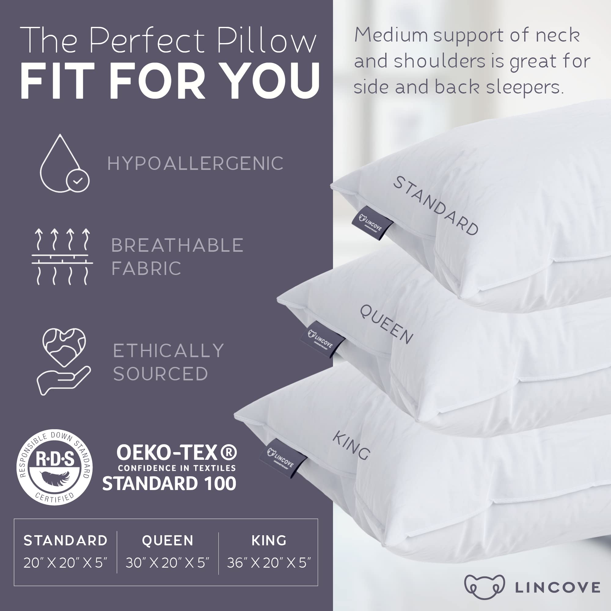 Premium Lincove Down & Feather Luxury Pillows for Sleeping - 100% Cotton 600 Thread Count Hypoallergenic Queen Size (Pack of 2) - Made in USA - Ideal for Hotels, Guest Rooms & Home Bedroom Comfort