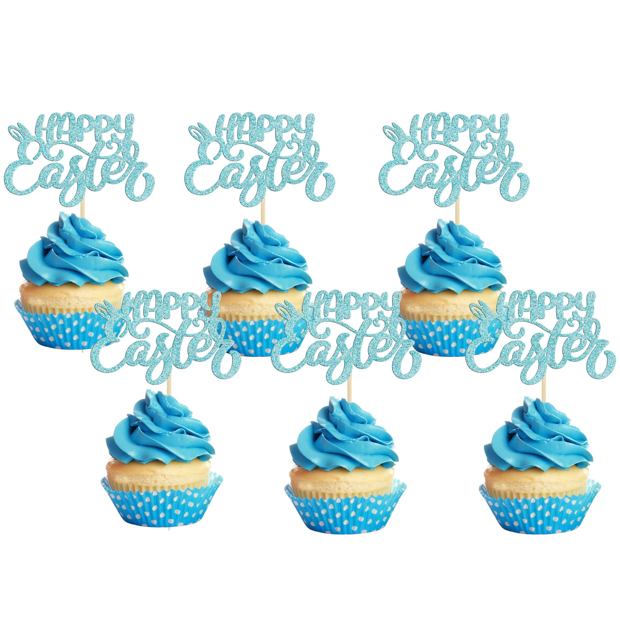 24Pcs Blue Glitter Easter Bunny Ear Cupcake Toppers - Happy Easter Decorations for Cupcakes, Baby Showers, Kids Birthday Parties & Spring Celebrations (Perfect for Easter Desserts, Holiday Baking & Festive Party Decor)