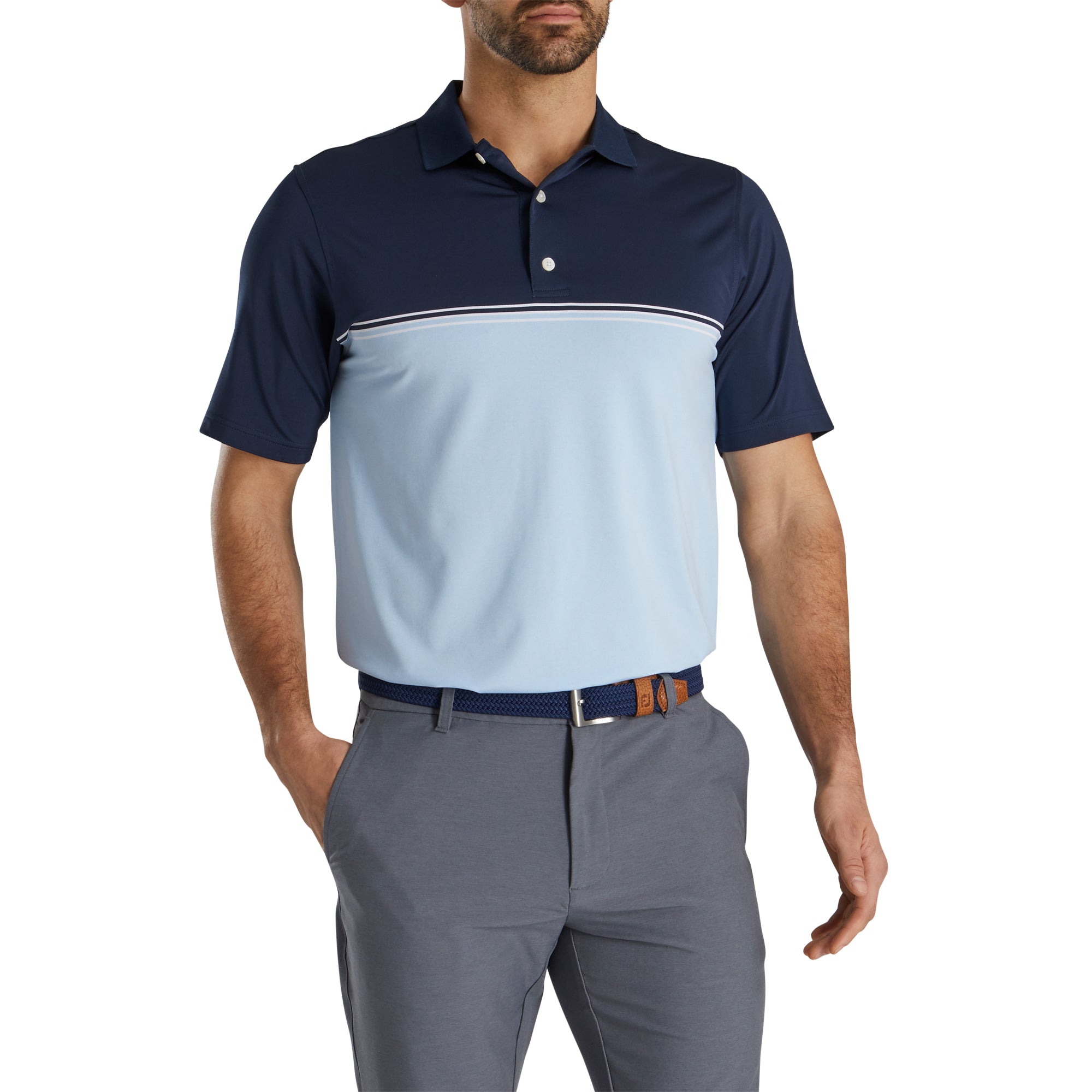FootJoy Men's Color Block Lisle Navy Golf Polo Shirt - Moisture-Wicking & UV Protection for Comfortable Golfing & Outdoor Activities