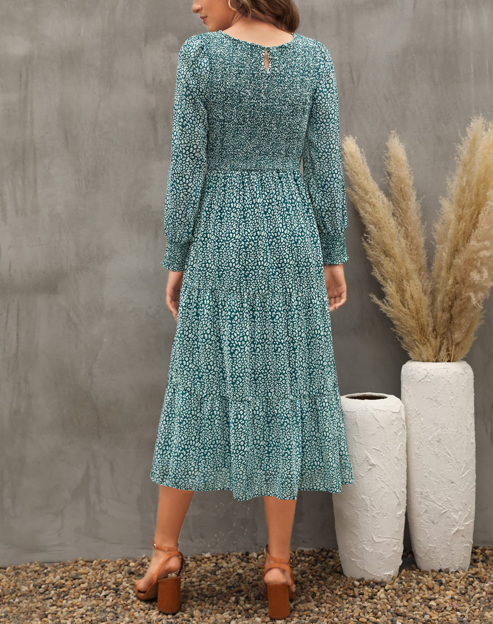 Zattcas Women's Fall Dresses 2025 - Long Sleeve Boho Floral Midi Dress with Smocked Waist & Pockets | Casual Wedding Guest Dress for Autumn, Holiday Parties & Date Nights