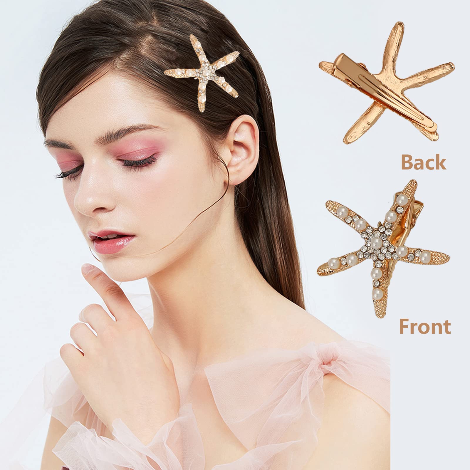 5 PCS Starfish Hair Clips with Pearl Rhinestones - Non-Slip Hair Barrettes for Women, Girls & Brides - Perfect for Weddings, Beach Parties & Everyday Styling