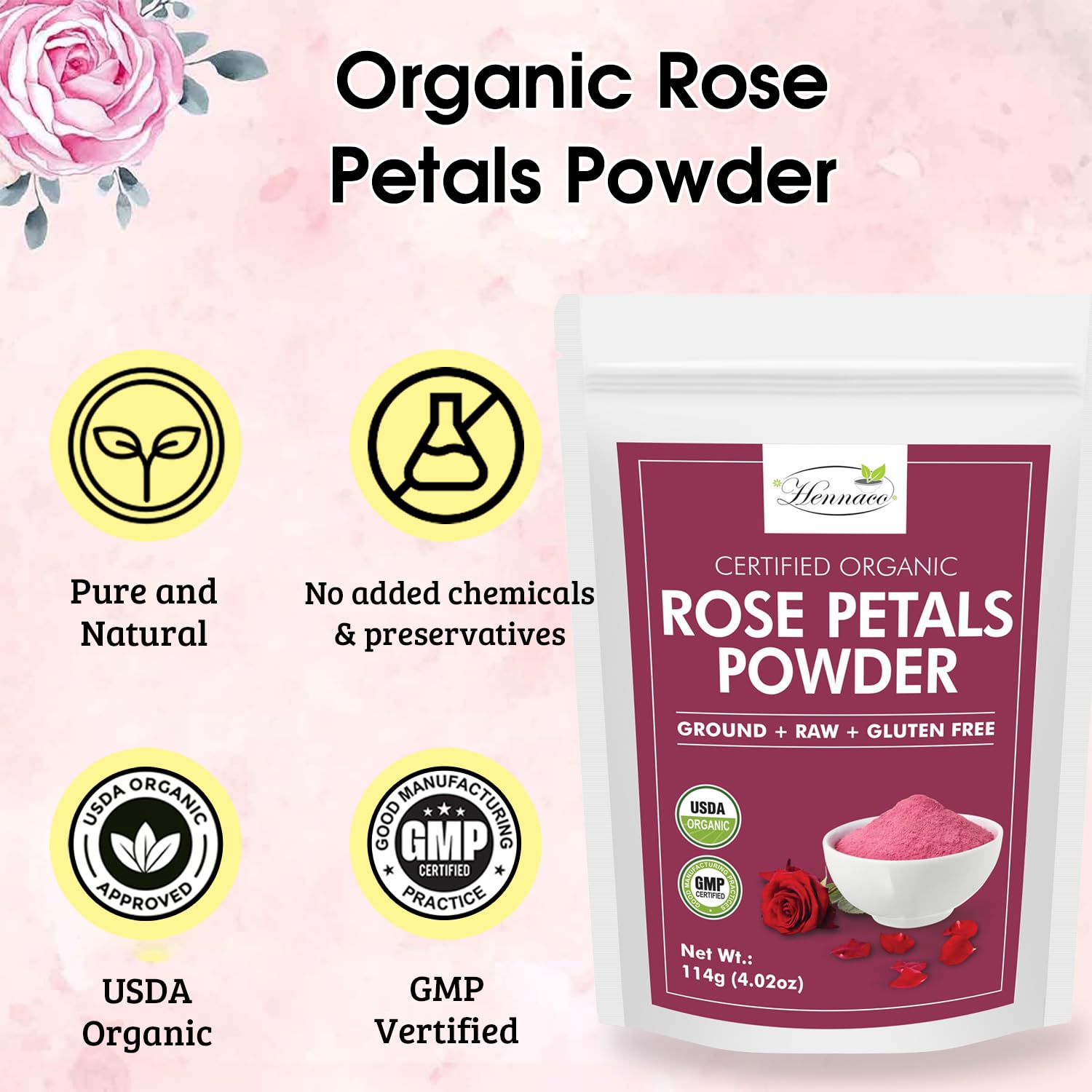 Organic Rose Petals Powder - 114g (4oz) All-Natural Skin Toner & Hair Mask | Chemical-Free, Preservative-Free | For Dry, Oily & Sensitive Skin | DIY Face Masks, Bath Soaks & Aromatherapy