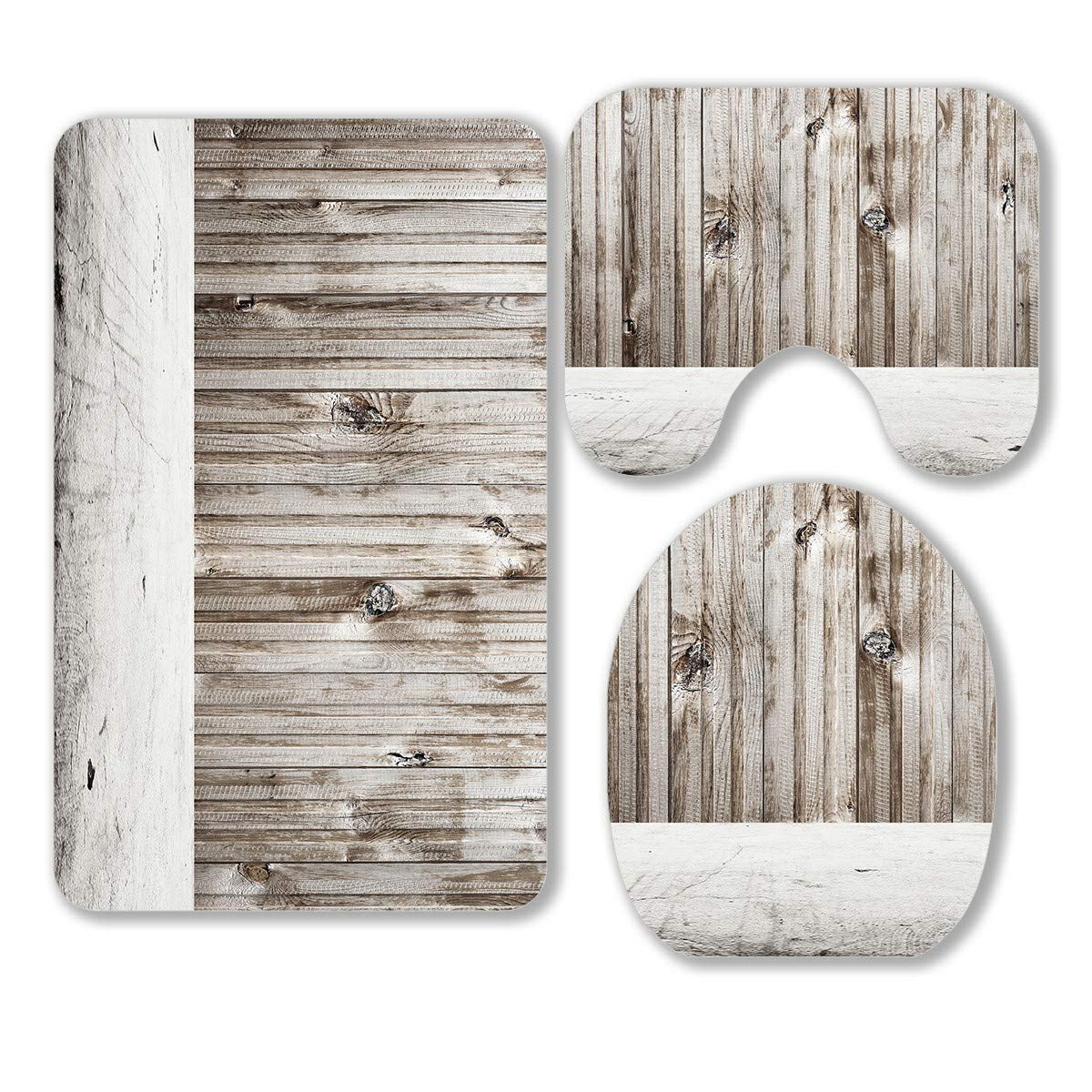 ECZJNT 3-Piece Bathroom Rug Set - Non-Slip Bath Mat, Contour Mat & Toilet Lid Cover for Concrete Wall & Wooden Floor Vintage Style - Perfect for Farmhouse, Retro & Industrial Bathroom Decor