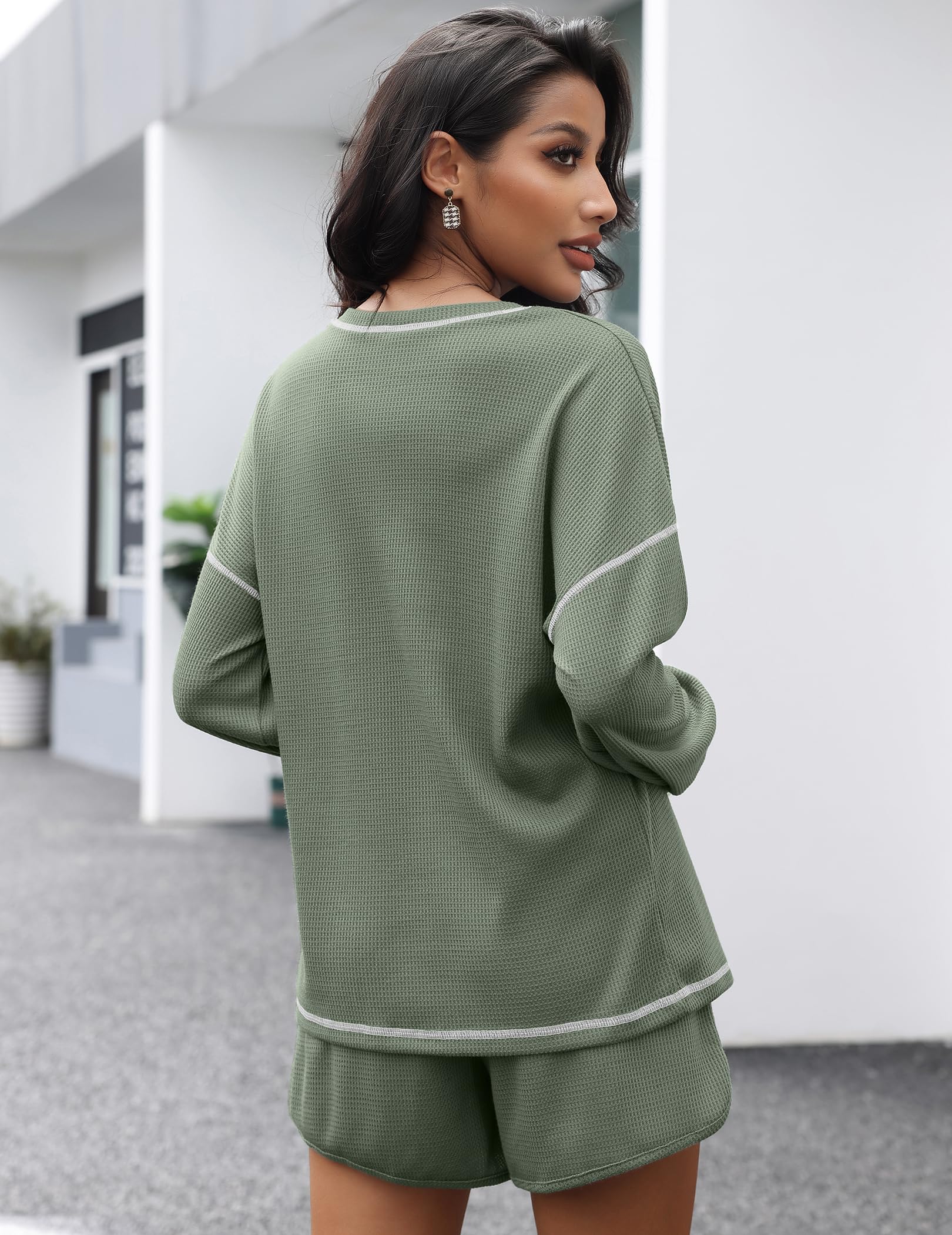 Andeip Women's 2 Piece Casual Outfit - Short Sleeve Waffle Knit Top & Drawstring Shorts Lounge Set | Summer Comfort Wear for Home, Beach & Vacation