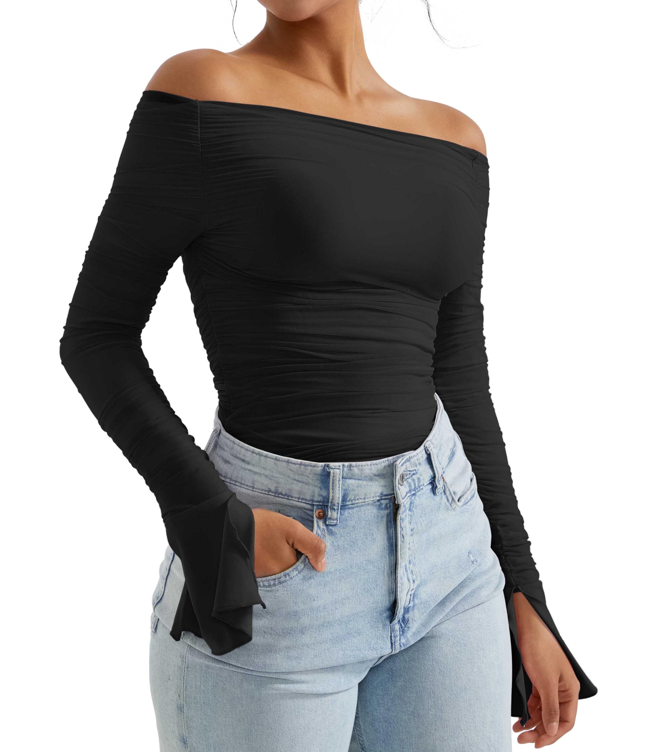 OMKAGI Women's Long Sleeve Off Shoulder Boat Neck Crop Top - Y2K Fashion Fitted T-Shirt for Going Out, Party, and Casual Wear