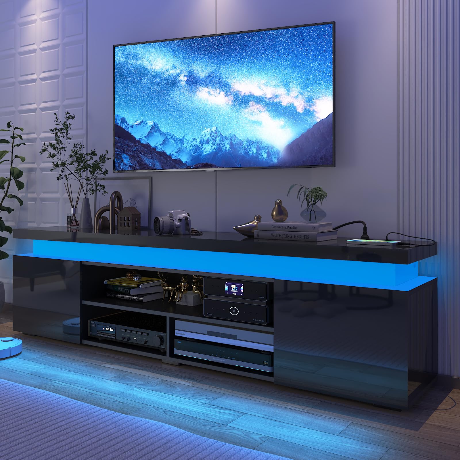 85 Inch LED TV Stand with Power Outlet - Modern High Gloss Entertainment Center with Storage & LED Lights - TV Console for Living Room & Bedroom (74 Inch, Black) UDKSE1883 - Perfect for Home Theater Setup & Stylish Room Decor