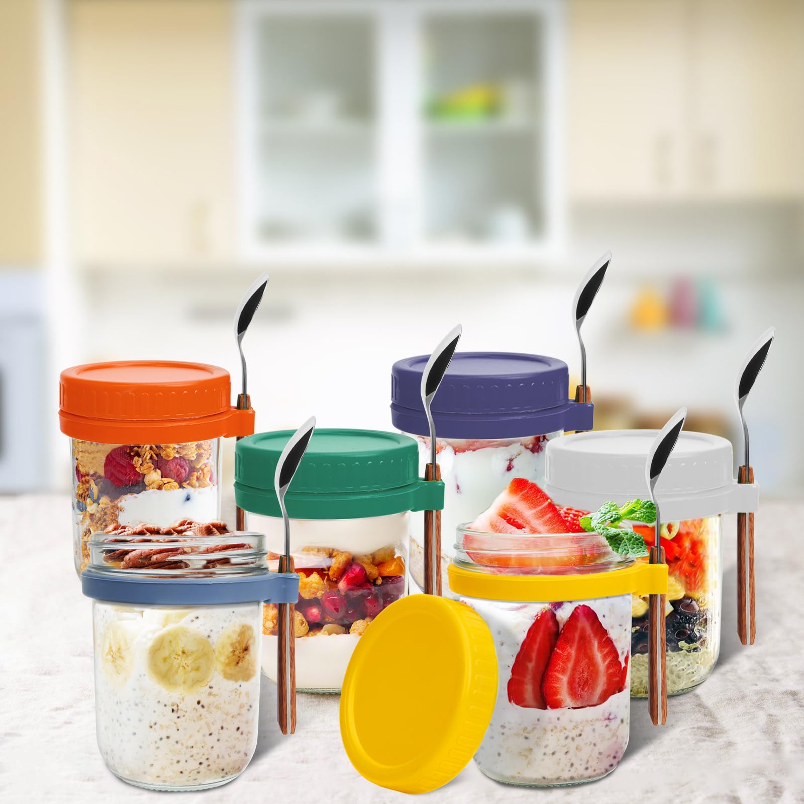 6 Pack 16 oz Glass Overnight Oats Containers with Lids & Spoons - Large Airtight Storage Jars for Yogurt, Milk, Cereal & Meal Prep - Perfect for Breakfast On-The-Go, Office Lunch & Healthy Snacks