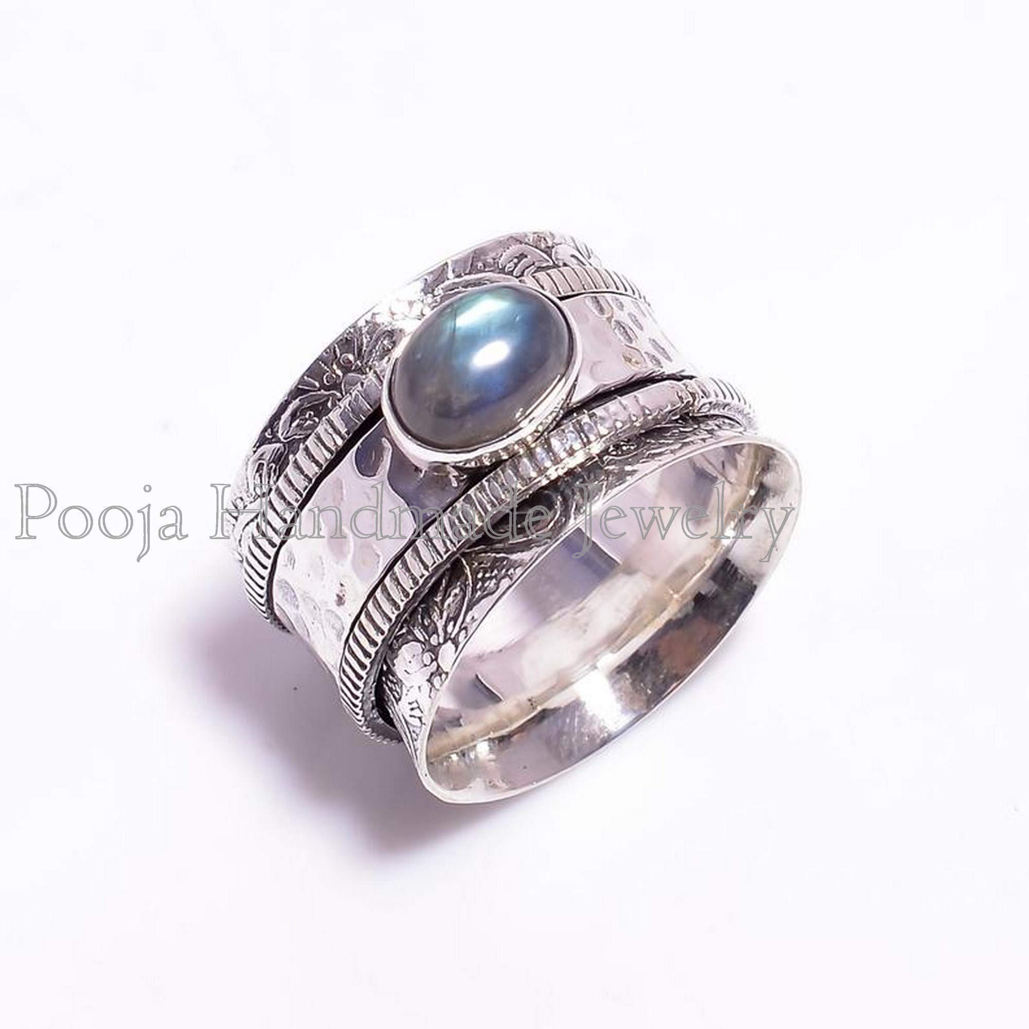 Handmade Labradorite Spinner Ring for Women - 925 Sterling Silver Birthstone Spinner Ring, Boho Statement Jewelry, Unique Wedding Gift for Her | Perfect for Meditation, Stress Relief & Boho Fashion Accessories