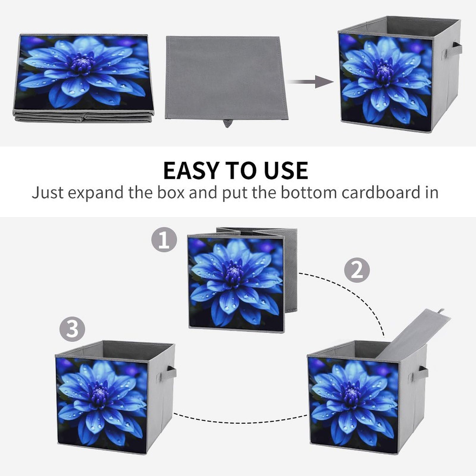 6-Piece Collapsible Storage Bins with Handles - Blue Floral Printed Foldable Organizing Baskets for Home, Closet, Shelves & Office | Space-Saving Storage Solutions for Toys, Books & Household Items