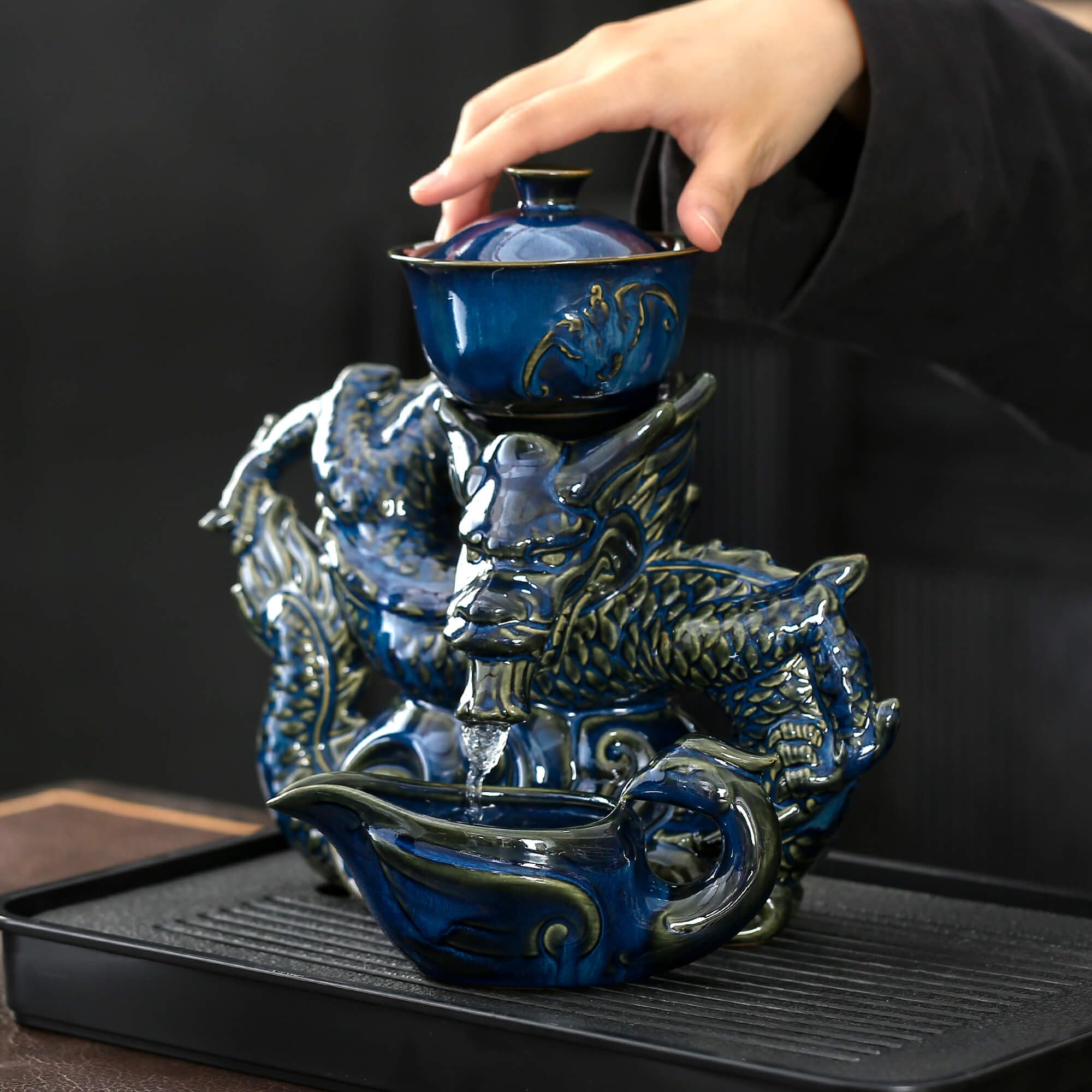 Premium Semi-Automatic Dragon Teapot Set with Infuser & 8 Small Cups - Blue Chinese Ceramic Tea Brewing Kit for Home, Office & Gifting | Traditional Gongfu Tea Ceremony Accessories