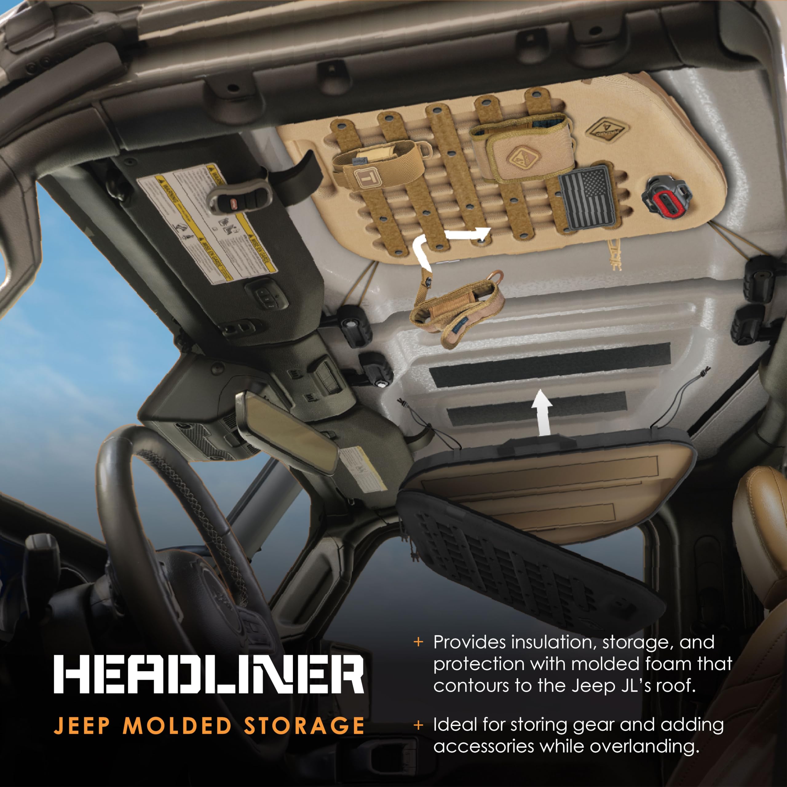 Hazard 4 Molded Storage Headliners Front Set for Jeep Wrangler & Gladiator - Black | Overhead Organizer for Car Accessories & Gear | Perfect for Off-Roading & Camping Trips