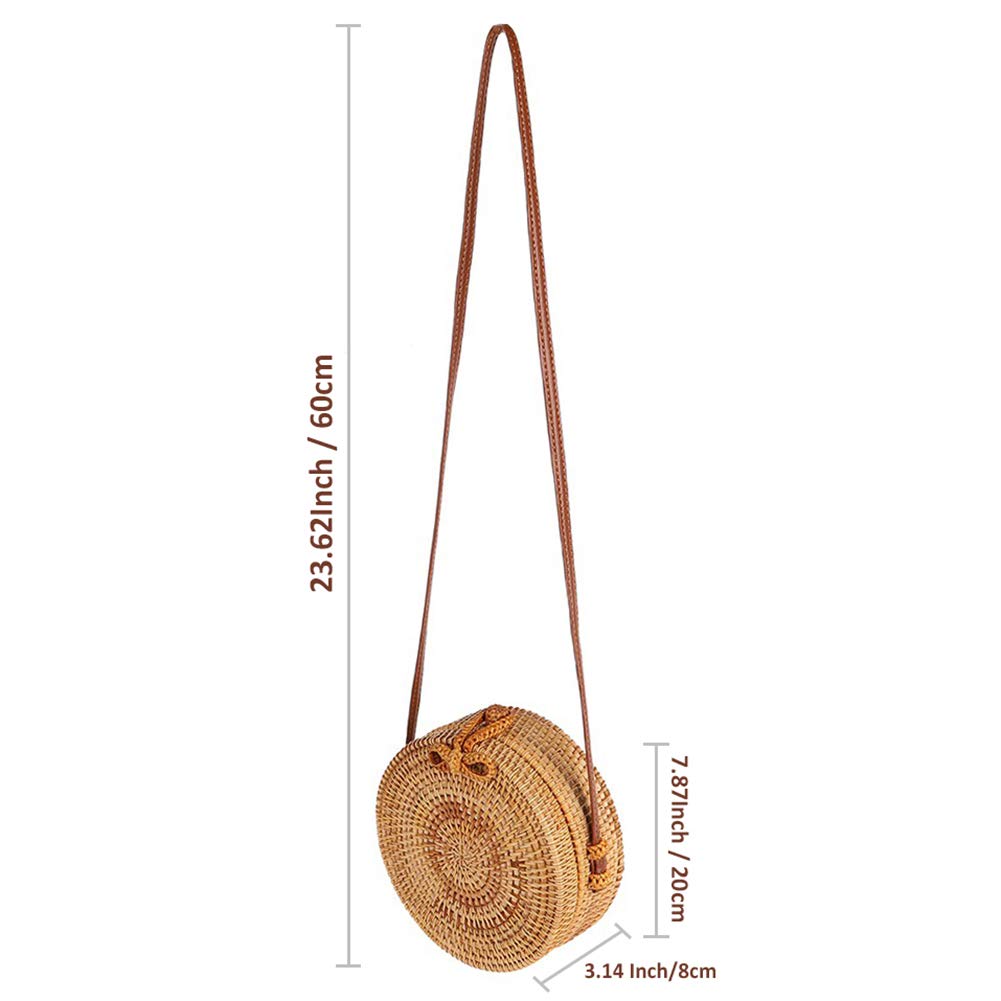 **Forart Handwoven Round Rattan Bag with Leather Straps – Natural Chic Crossbody Purse for Women | Boho Beach Bag, Summer Outing, Casual Shopping (Ships from USA)**